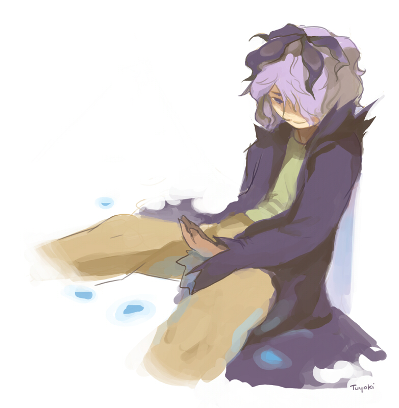 1boy artist_name blue_coat blue_eyes blue_flower brown_pants closed_mouth coat collared_coat english_commentary flower garry_(ib) hair_flower hair_ornament hair_over_one_eye ib leaning light_purple_hair long_sleeves open_clothes open_coat outstretched_hand pants shadow short_hair sitting smile temmie_chang torn_clothes torn_coat torn_sleeves white_background