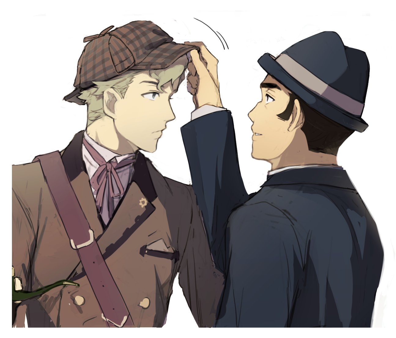 2boys ace_attorney adjusting_clothes adjusting_headwear black_eyes black_hair blonde_hair blue_eyes blue_headwear blue_jacket bowl bowl_hat brown_headwear brown_jacket closed_mouth collared_shirt commentary_request deerstalker hat herlock_sholmes jacket korean_commentary lo_(aibo_h0) long_sleeves looking_at_another male_focus multiple_boys neck_ribbon open_mouth pink_ribbon ribbon shirt short_hair simple_background smile the_great_ace_attorney the_great_ace_attorney_2:_resolve upper_body white_background white_shirt yujin_mikotoba