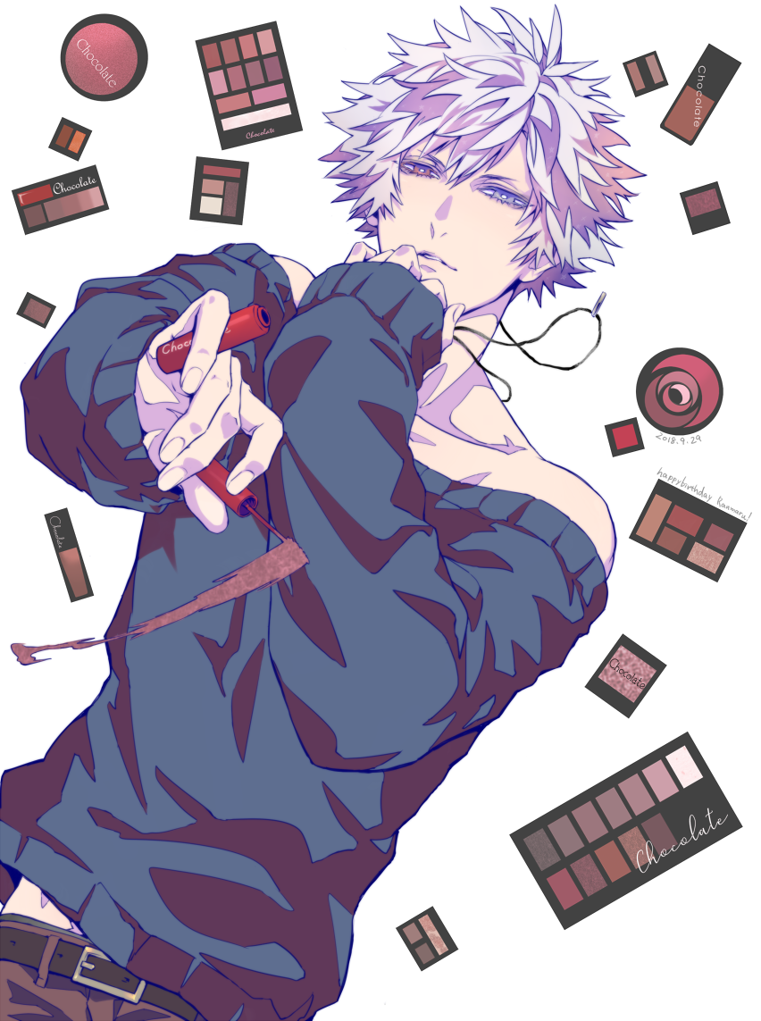 1boy belt black_belt blue_sweater brown_pants chocolate compact_(cosmetics) cosmetics eyeshadow grey_eyes grey_hair hair_between_eyes hand_to_own_mouth heterochromia holding jewelry kurosaki_ranmaru light_smile looking_at_viewer lying makeup male_focus mascara meromizawa midriff_peek necklace off-shoulder_sweater off_shoulder on_back pants parted_lips red_eyes short_hair sleeves_past_wrists solo spiky_hair sweater upper_body uta_no_prince-sama white_background