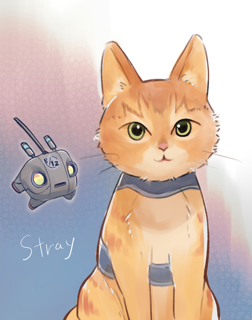 b-12_(stray) cat commentary_request cyberpunk drone floating friends ginger_(stray) green_eyes harness looking_at_viewer mabuji machinery no_humans orange_hair pet radio_antenna robot science_fiction sketch strap stray_(game) title