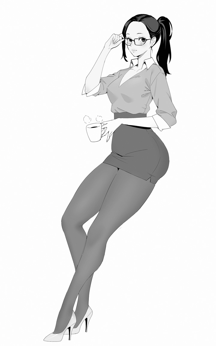 1girl adjusting_eyewear blush bobobong breasts closed_mouth coffee coffee_cup commentary cup disposable_cup full_body greyscale hand_up high_heels holding lips long_hair long_legs looking_at_viewer medium_breasts monochrome office_lady original pantyhose parted_bangs pencil_skirt ponytail simple_background skirt sleeves_rolled_up solo steam white_background