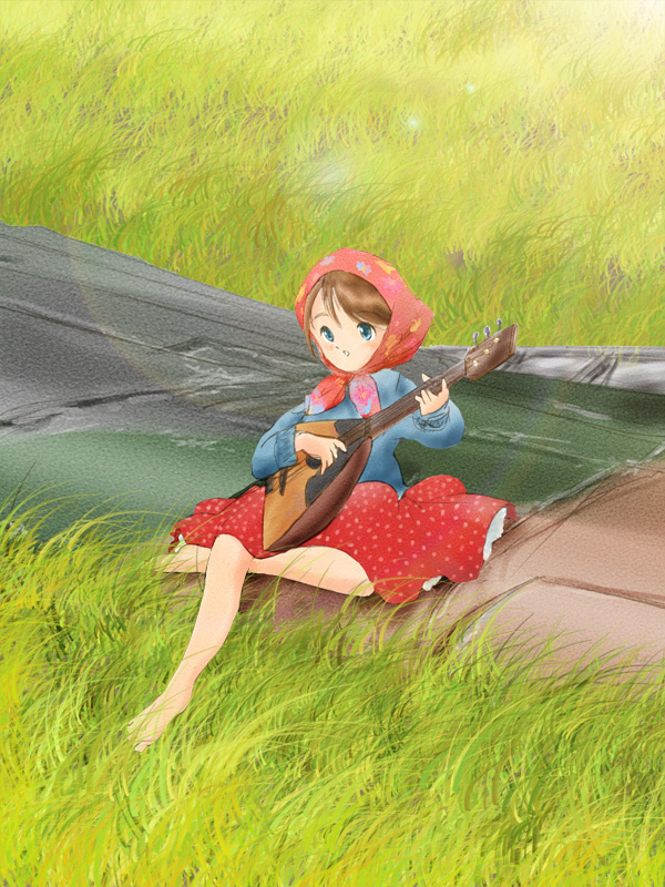 1girl after_battle aircraft airplane balalaika_(instrument) barefoot battle_of_kursk blue_eyes blush brown_hair celebration commentary_request debris good_end grass head_scarf instrument military music original playing_instrument real_life retro_artstyle ruins russia russian_clothes saki_jun'ya scarf sitting sketch skirt victory world_war_ii wreckage