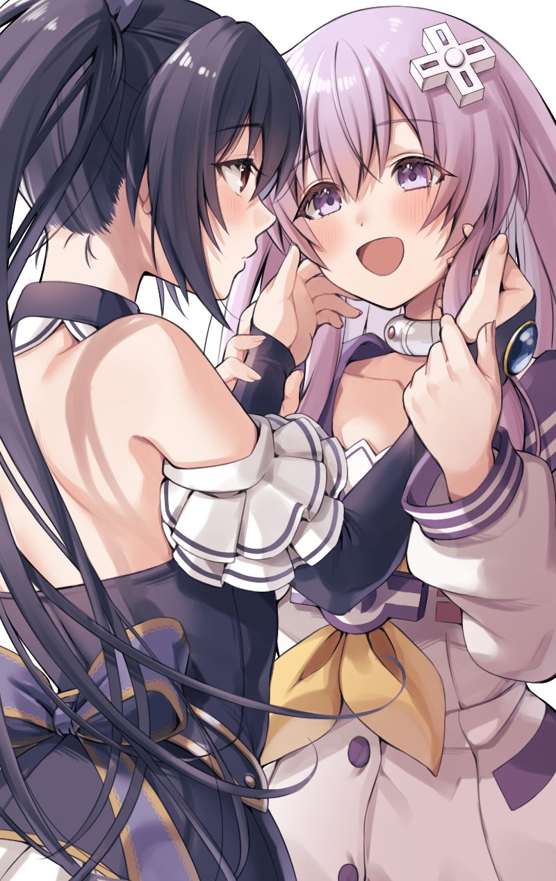 2girls :d back back_bow bare_shoulders black_bow black_dress black_hair black_sleeves bow choker choujigen_game_neptune collarbone commentary_request cowboy_shot detached_sleeves dress eye_contact eyelashes eyes_visible_through_hair fingernails friends from_side grabbing_another's_arm hair_between_eyes hands_on_another's_cheeks hands_on_another's_face highres komekueyo long_sleeves looking_at_another multiple_girls nepgear neptune_(series) open_mouth profile purple_hair red_eyes ribbon sidelocks simple_background smile standing twintails uni_(neptune_series) violet_eyes white_background white_choker white_dress yellow_ribbon