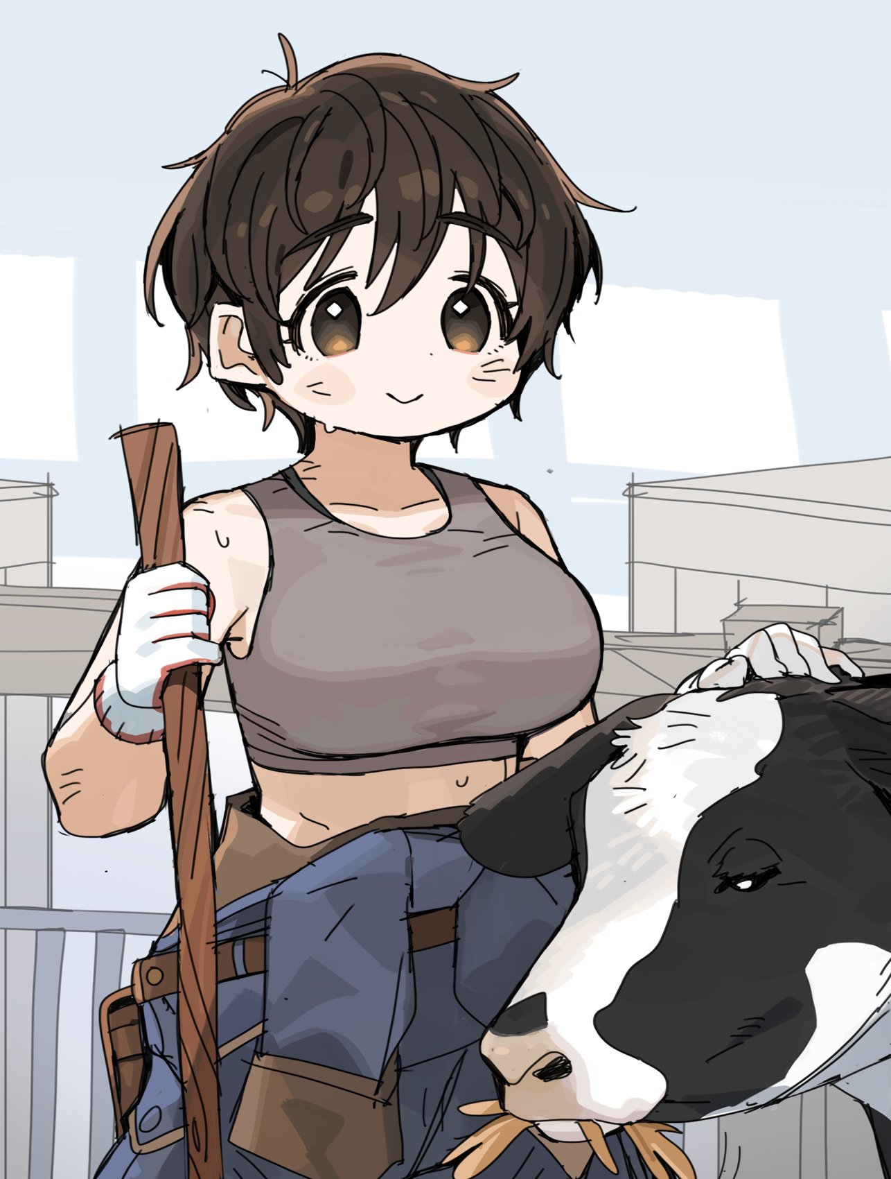 1girl belt black_hair blue_background blue_overalls brown_eyes commentary cow dot_nose fence gloves grey_shirt hair_between_eyes highres holding_tool idolmaster idolmaster_cinderella_girls looking_at_another messy_hair oikawa_shizuku overalls shirt short_hair smile spawnfoxy tank_top white_gloves