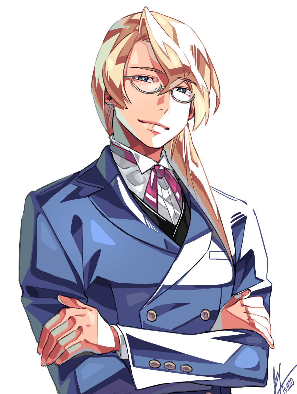 1boy ace_attorney blonde_hair blue_jacket breast_pocket buttons closed_mouth collared_shirt crossed_arms dated double-breasted drill_hair glasses highres jacket kristoph_gavin lapels long_sleeves male_focus miz_(bannako) neck_ribbon pink_ribbon pocket ribbon shirt signature simple_background smile solo suit_jacket swept_bangs upper_body white_background white_shirt