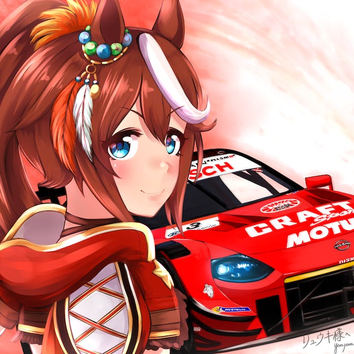 1girl animal_ears artist_name blush car commentary_request commission cropped_hoodie feather_hair_ornament feathers hair_ornament hood hood_down hoodie horse_ears horse_girl long_hair michelin michelin_man motor_vehicle multicolored_hair nddp_racing nismo nissan nissan_fairlady_z nissan_z_(rz34) official_alternate_costume ponytail race_vehicle racecar red_feathers red_hoodie skeb_commission smile sponsor streaked_hair super_gt tokai_teio_(beyond_the_horizon)_(umamusume) tokai_teio_(umamusume) umamusume white_feathers white_hair yanparap