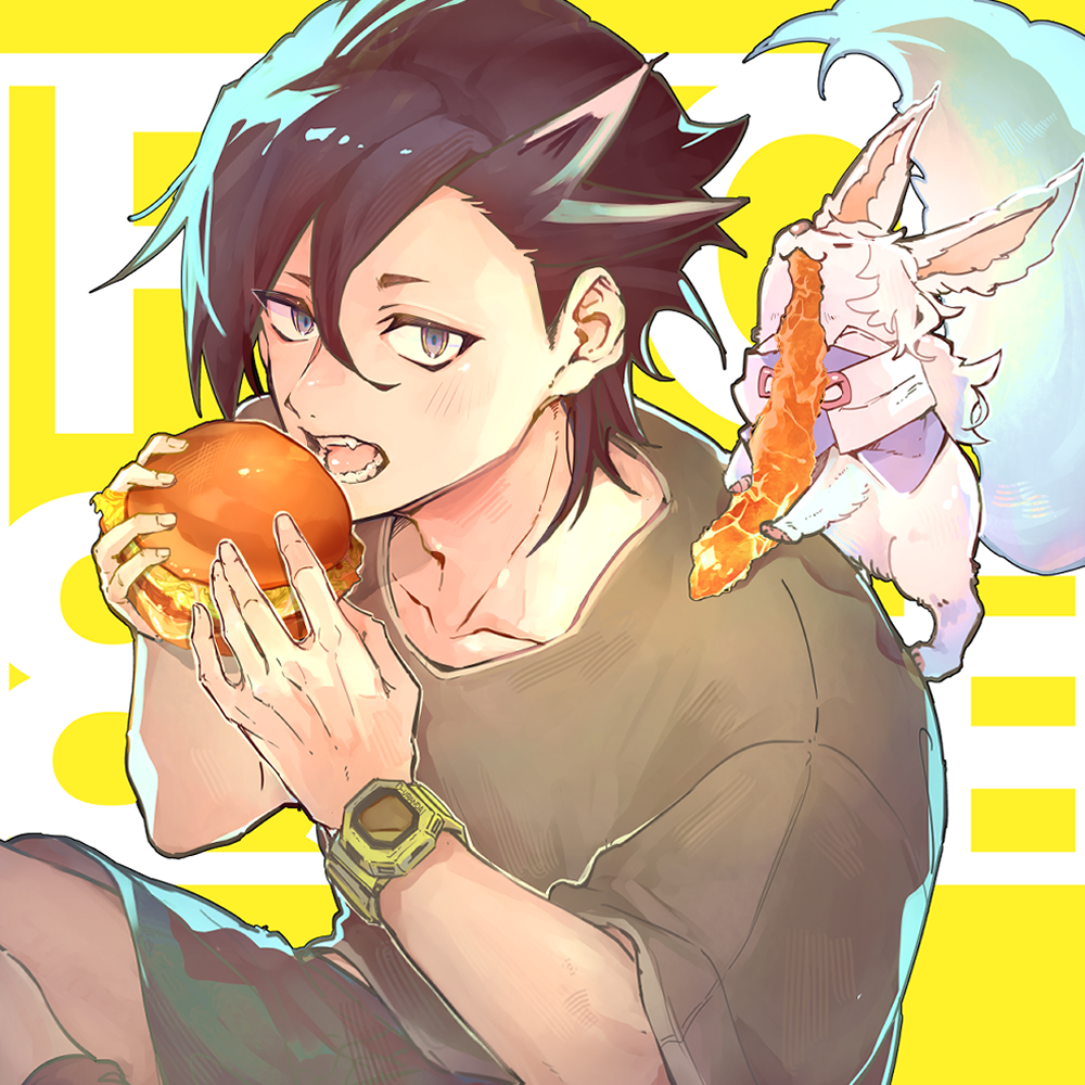 1boy animal animal_on_back black_hair black_shorts burger collarbone fate/grand_order fate_(series) food food_in_mouth fou_(fate) from_above grey_eyes grey_shirt hair_between_eyes holding holding_food imminent_bite indian_style male_focus mandricardo_(fate) multicolored_hair shirt short_hair short_sleeves shorts sitting streaked_hair teeth tumikilondon5 watch watch yellow_background