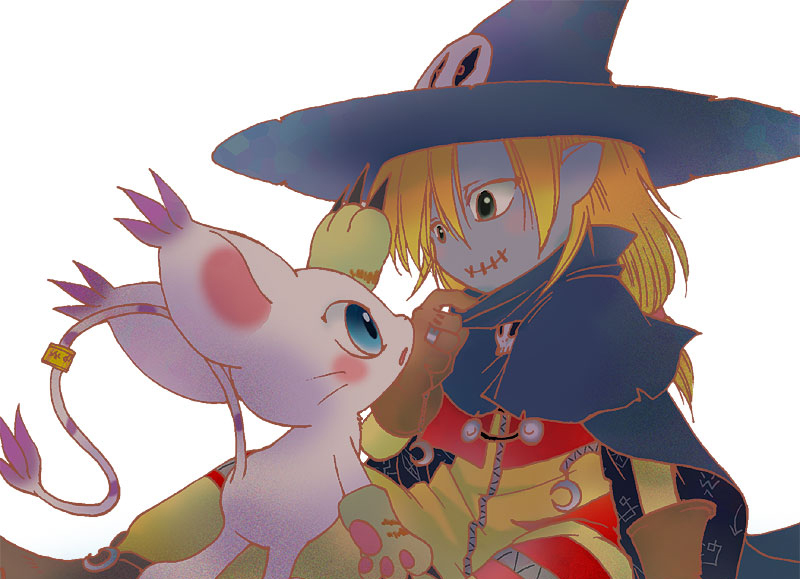 animal_ears blonde_hair blush_stickers brown_gloves cat cat_ears couple digimon digimon_(creature) gloves hair_between_eyes hat holy_ring jewelry nyoroko ring simple_background skull tail tailmon white_background wizard wizard_hat wizarmon