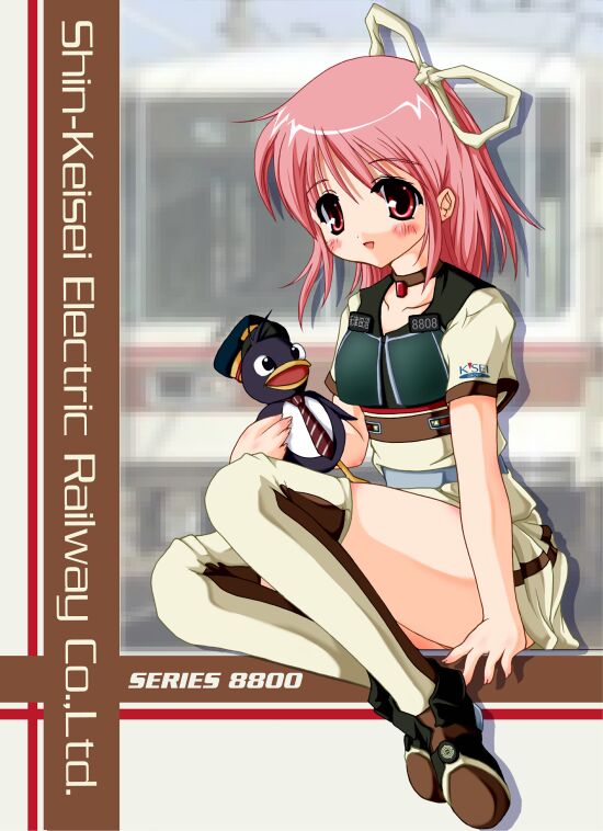 1girl 2000s_(style) :d archived_source ashita_yaru blush brown_choker brown_thighhighs choker collarbone commentary_request fingernails hair_ribbon medium_hair miniskirt open_mouth original personification pink_eyes pink_hair pleated_skirt ribbon short_sleeves single_vertical_stripe sitting skirt smile solo thigh-highs train two-tone_legwear two-tone_thighhighs white_ribbon white_skirt white_thighhighs