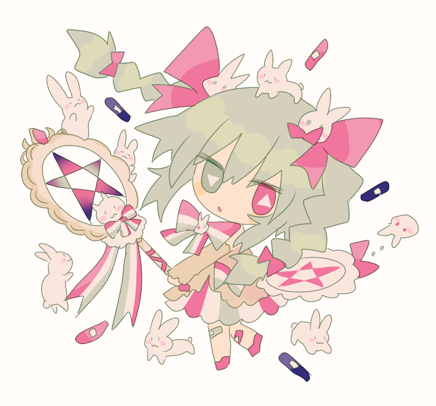 1girl animal_on_head bandaid bandaid_on_leg blush_stickers bow braid bright_pupils chibi dress elbow_gloves gloves green_eyes hair_bow hair_ornament hair_ribbon heterochromia holding holding_wand light_green_hair long_hair no_nose on_head open_mouth original pentagram pink_bow pink_eyes pink_footwear pink_ribbon rabbit rabbit_hair_ornament rabbit_on_head ribbon sketch solo treccia_pechemint triangle-shaped_pupils twin_braids usagi_nui wand white_pupils yellow_gloves