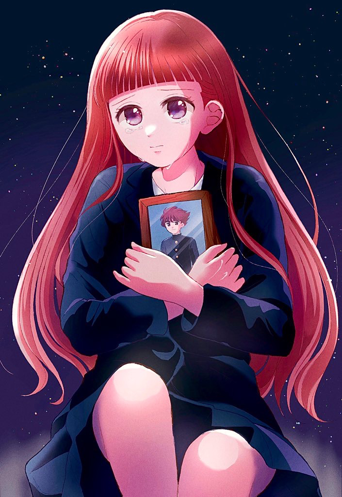 1girl babel_ii black_shirt blunt_bangs crossed_arms crying crying_with_eyes_open furumi_yumiko holding holding_photo long_hair night night_sky outdoors photo_(object) red-hair shirt sitting sky solo star_(sky) starry_sky tears very_long_hair violet_eyes