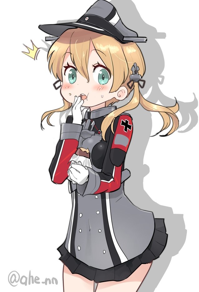 1girl ahenn aqua_eyes black_skirt blonde_hair blush cowboy_shot food gloves grey_headwear hair_between_eyes hat holding holding_food kantai_collection long_hair long_sleeves low_twintails military_uniform miniskirt open_mouth peaked_cap pleated_skirt prinz_eugen_(kancolle) simple_background skirt solo sweet_potato twintails twitter_username uniform white_background white_gloves