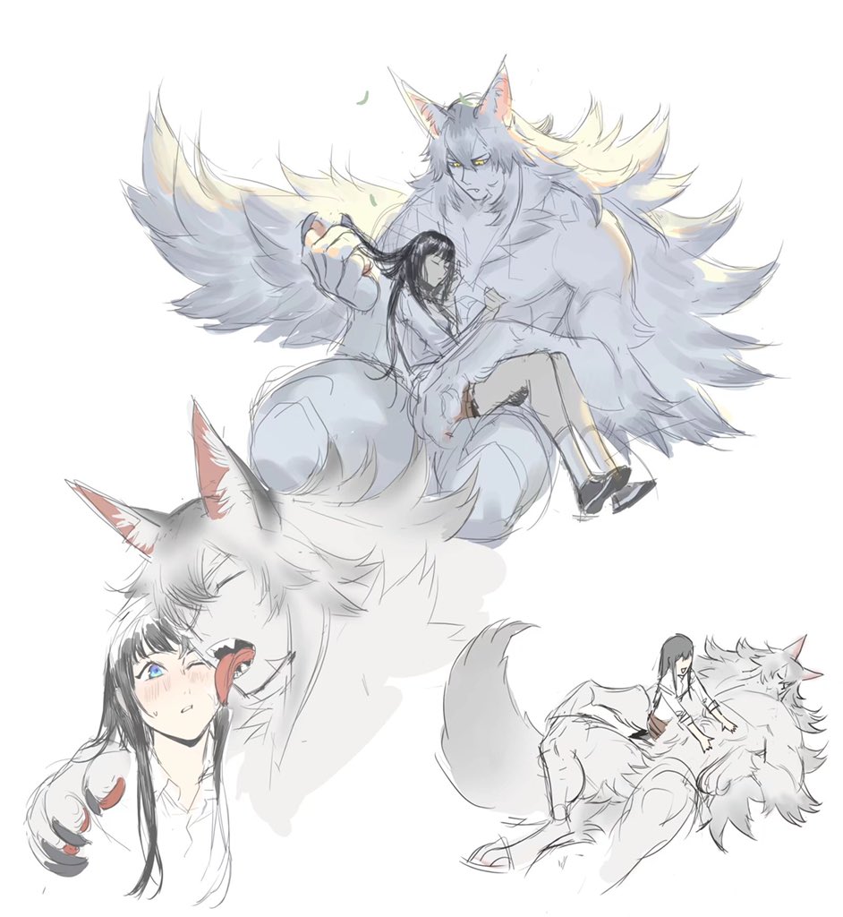 1boy 1girl animal_ear_fluff animal_ears animal_hands belly_rub black_hair blue_eyes body_fur claws closed_eyes closed_mouth commentary digitigrade fang fang_out full_body grey_fur grey_hair hand_up leviair licking licking_another's_face light_blush long_hair long_sleeves looking_at_another lying monster_boy multiple_views on_back one_eye_closed original parted_lips playing_with_another's_hair simple_background sitting sitting_on_lap sitting_on_person sketch skirt symbol-only_commentary tail toned toned_male tongue tongue_out white_background wolf_boy wolf_ears wolf_tail yellow_eyes