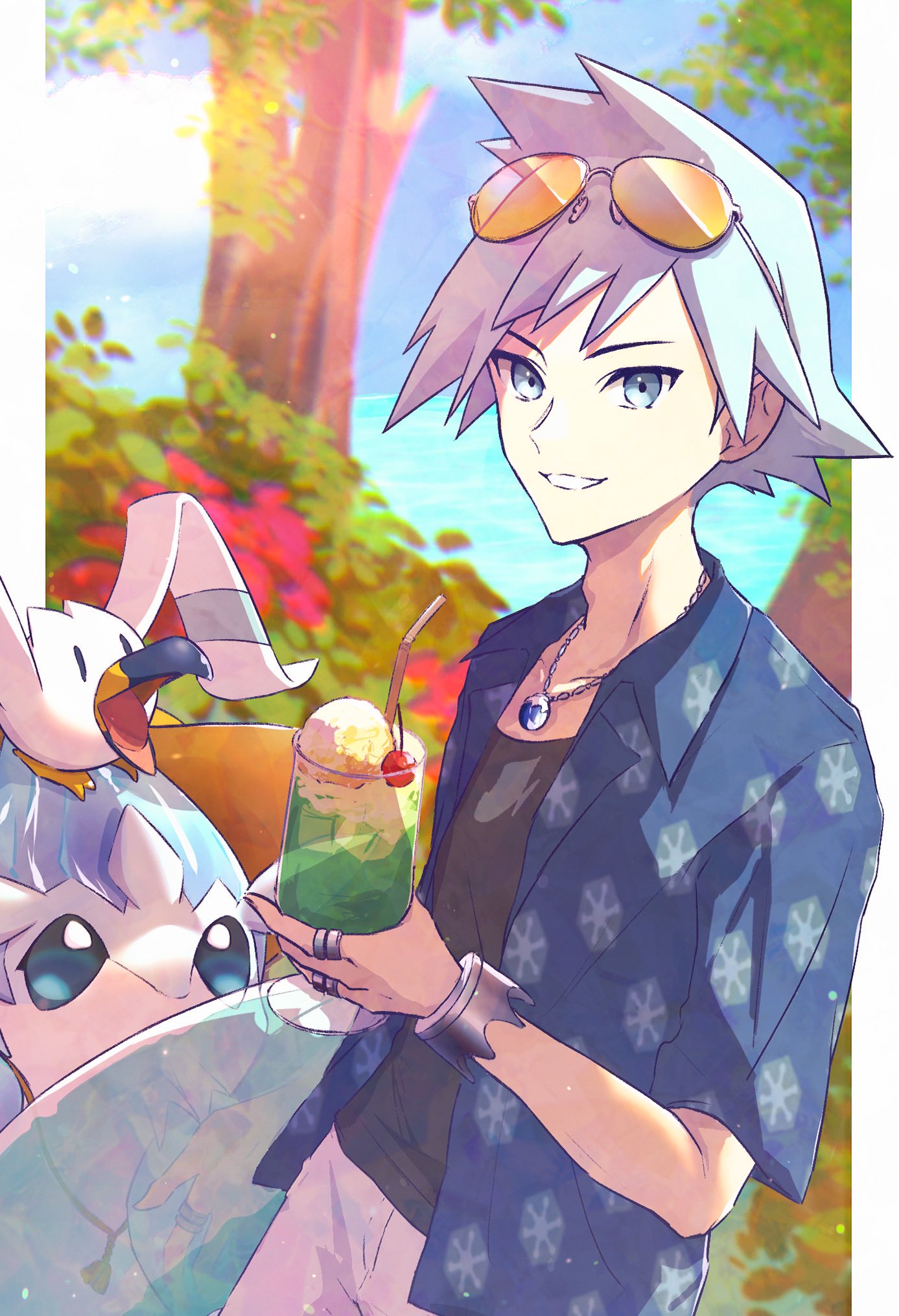 1boy alolan_sandslash anidf blue_shirt bracelet cherry collared_shirt commentary cup day eyewear_on_head food fruit glass grin highres holding holding_cup jewelry male_focus necklace official_alternate_costume open_clothes open_shirt outdoors pokemon pokemon_(game) pokemon_masters_ex ring shirt short_hair shorts smile spiky_hair steven_stone steven_stone_(summer_2020) sunglasses symbol-only_commentary teeth undershirt wingull