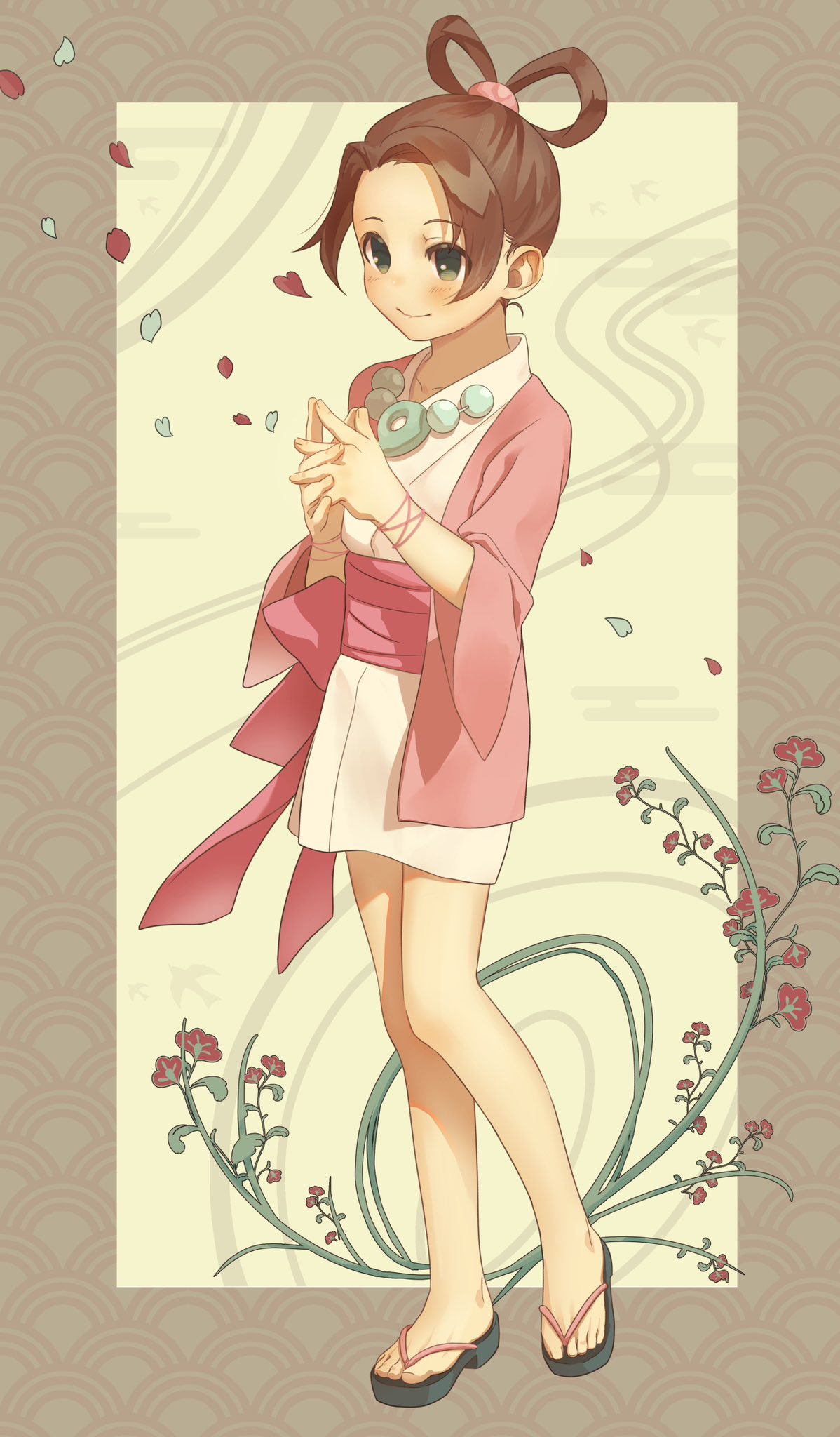 1girl ace_attorney ajikoshou bow brown_hair closed_mouth commentary_request flower full_body geta green_eyes hair_rings hands_up hanten_(clothes) highres jacket japanese_clothes jewelry kimono long_sleeves looking_at_viewer magatama magatama_necklace necklace obi own_hands_together pearl_fey pink_jacket pink_sash sash short_hair short_kimono smile solo standing steepled_fingers waist_bow white_kimono wide_sleeves