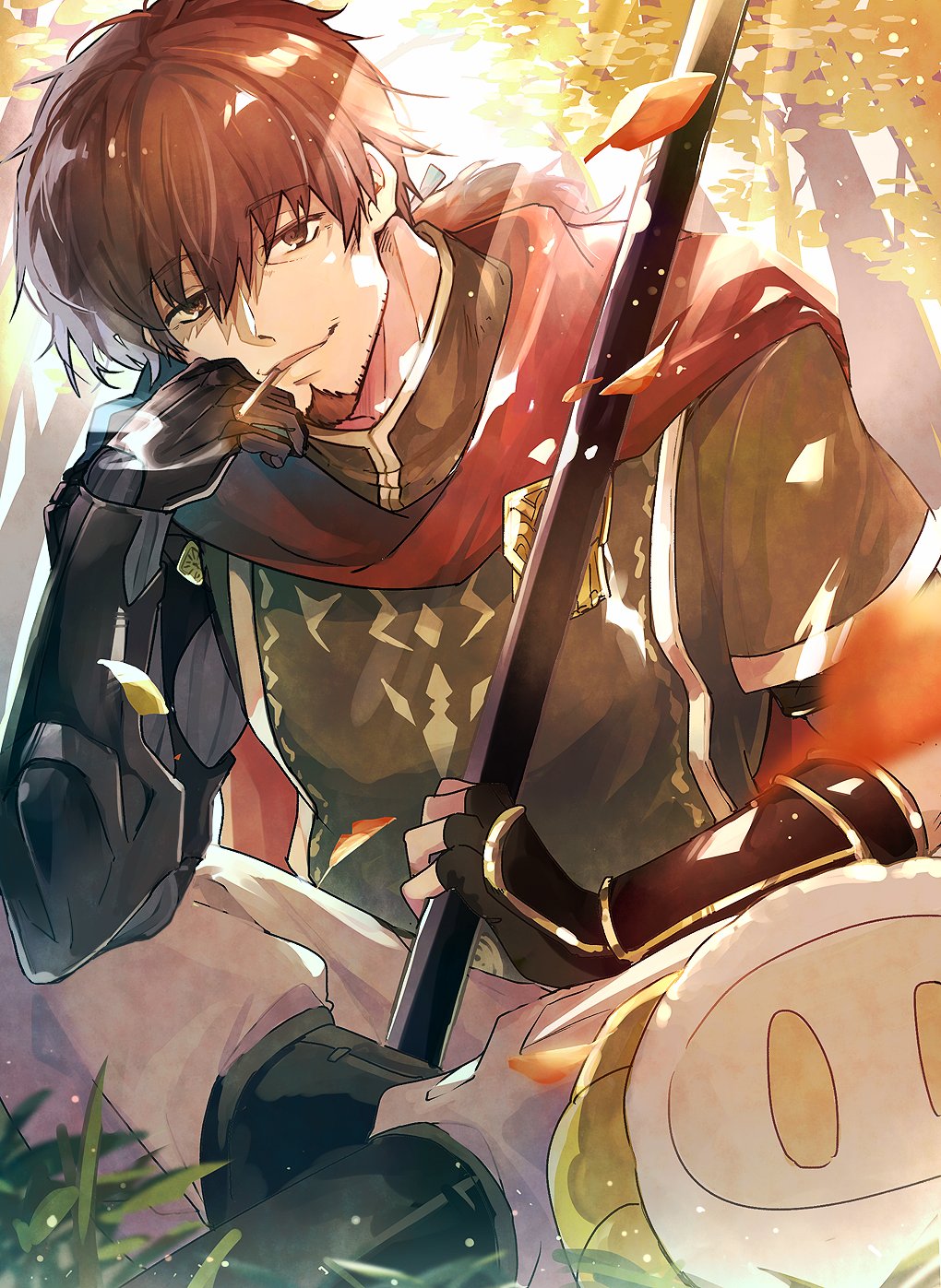 1boy apollo_(fate) brown_eyes brown_hair cape facial_hair falling_leaves fate/grand_order fate_(series) forest gauntlets goatee grass green_shirt green_tabard hair_ribbon hector_(fate) highres holding holding_polearm holding_weapon indian_style leaf looking_at_viewer male_focus mouth_hold nature outdoors polearm ponytail red_cape ribbon shirt short_sleeves sitting smoke smoking sparse_stubble tabard tree tumikilondon5 weapon