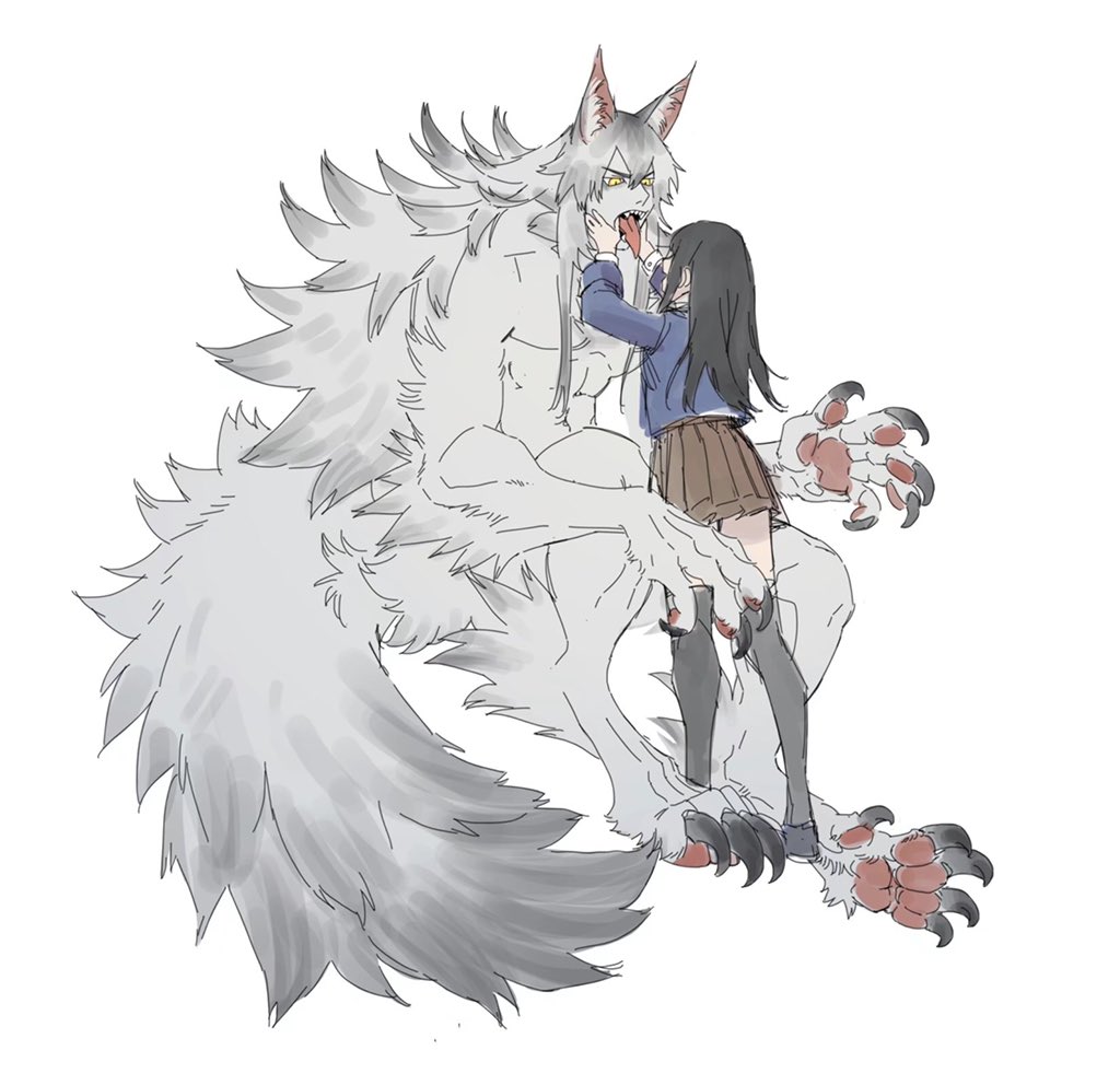 1boy 1girl animal_ear_fluff animal_ears animal_feet animal_hands body_fur brown_skirt claws commentary digitigrade fangs full_body grey_fur grey_hair hand_in_another's_mouth leviair long_hair looking_at_another monster_boy mouth_pull open_mouth original pleated_skirt sharp_teeth sidelocks simple_background sitting skirt slit_pupils standing symbol-only_commentary tail teeth thigh-highs toned toned_male tongue tongue_out very_long_hair white_background wolf_boy wolf_ears wolf_tail yellow_eyes