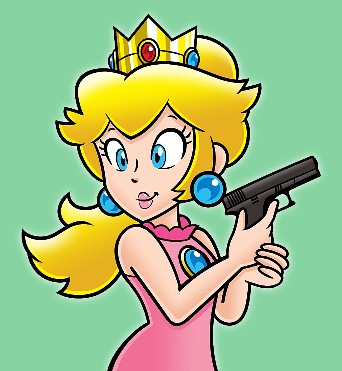 1girl blonde_hair blue_eyes brooch crown doc_shoddy dress earrings green_background gun holding holding_gun holding_weapon jewelry nakaue_shigehisa_(style) pink_dress ponytail princess_peach simple_background sleeveless solo sphere_earrings super_mario_bros. upper_body weapon weapon_request