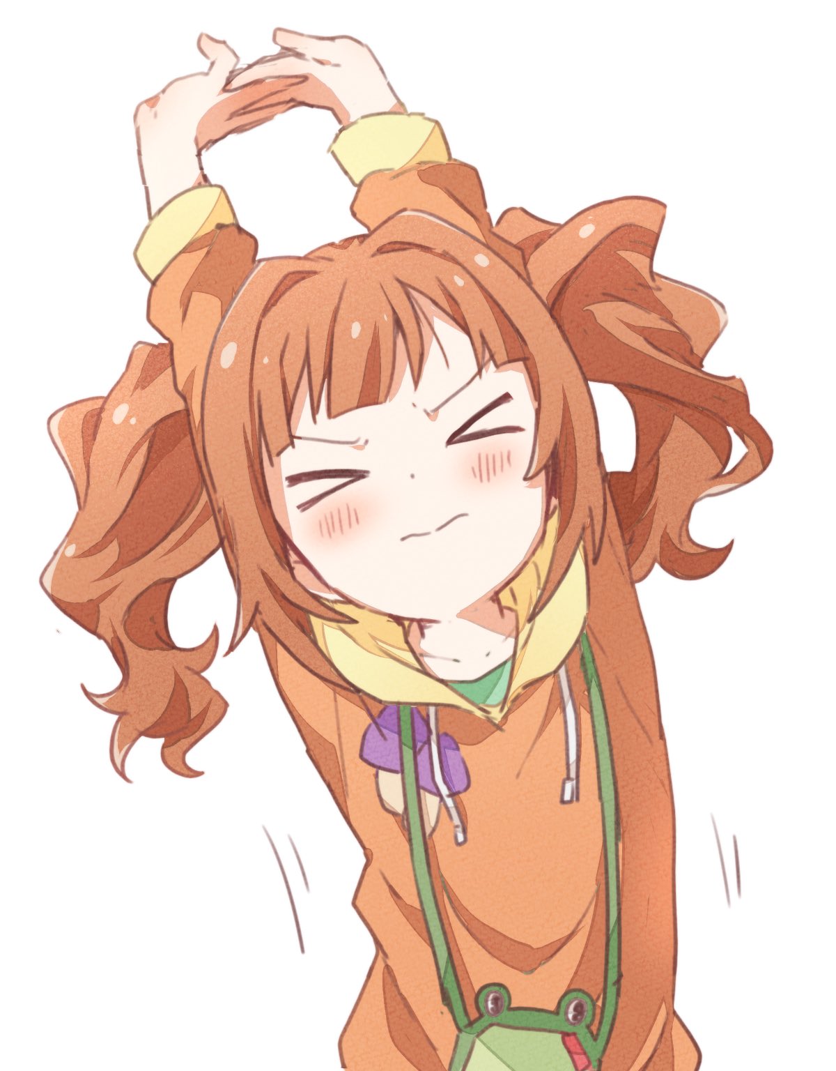 &gt;_&lt; 1girl arms_up blush breasts brown_hair buchi_(y0u0ri_) closed_mouth collarbone dot_nose food_print highres hood hood_down hoodie idolmaster idolmaster_(classic) idolmaster_million_live! idolmaster_million_live!_theater_days long_sleeves motion_lines mushroom_print orange_hoodie own_hands_together print_hoodie simple_background small_breasts solo stretching takatsuki_yayoi twintails upper_body wallet white_background