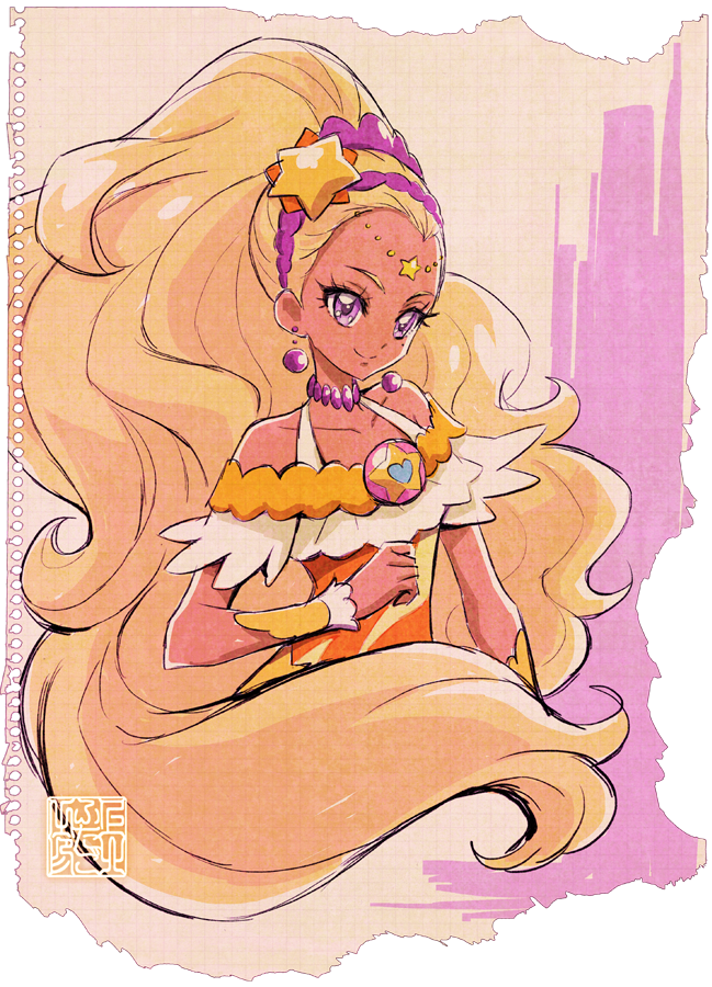 1girl amamiya_elena artist_logo bare_shoulders blonde_hair commentary_request cure_soleil dark-skinned_female dark_skin dress earrings english_commentary eyelashes hair_ornament happy jewelry kamikita_futago looking_at_viewer magical_girl official_art orange_dress paper_background partial_commentary precure signature simple_background smile solo star_twinkle_precure violet_eyes watercolor_background wrist_cuffs