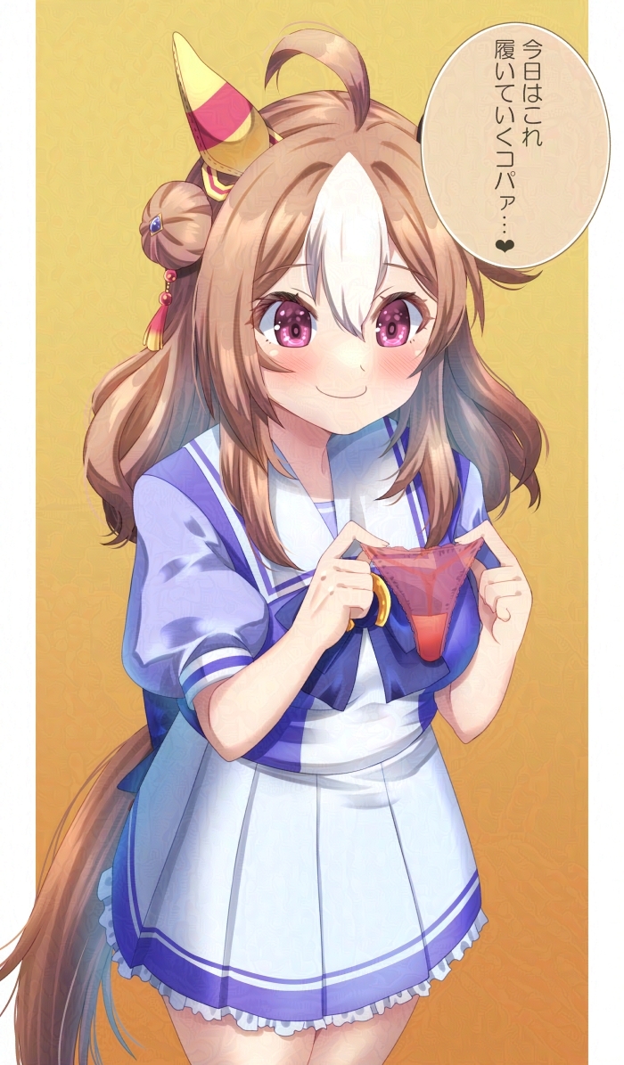 ahoge animal_ears brown_hair closed_mouth commentary_request copano_rickey_(umamusume) double_bun hair_bun hair_ornament holding holding_clothes holding_panties holding_underwear horse_ears horse_girl horse_tail jude_(minority_lilac) long_hair medium_hair panties red_eyes school_uniform simple_background smile tail tracen_school_uniform translation_request umamusume underwear yellow_eyes
