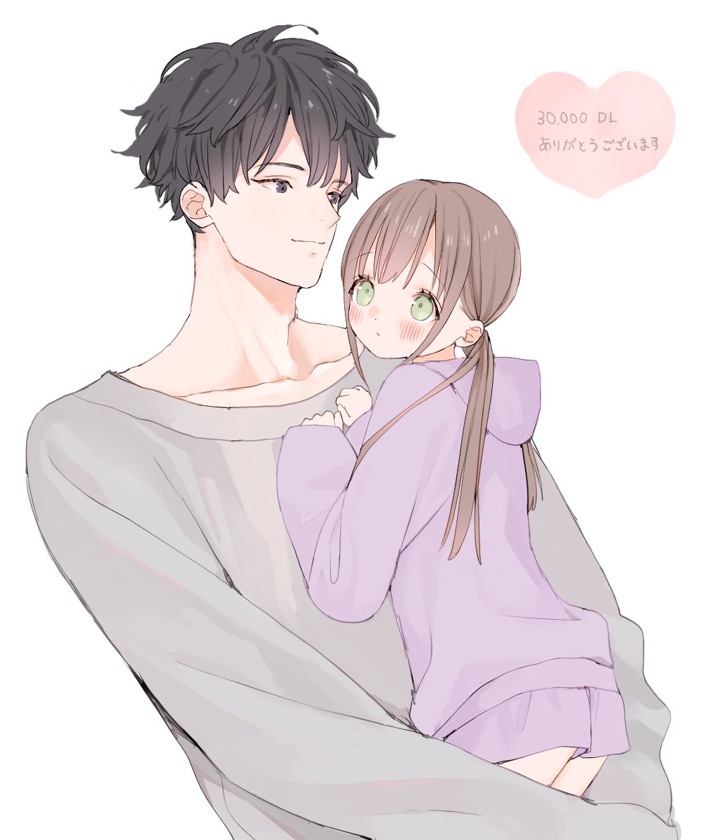 1boy 1girl age_difference black_eyes black_hair blush brown_hair chup2m couple green_eyes grey_sweater hetero hood hoodie long_hair looking_at_another original purple_hoodie simple_background smile sweater twintails upper_body white_background