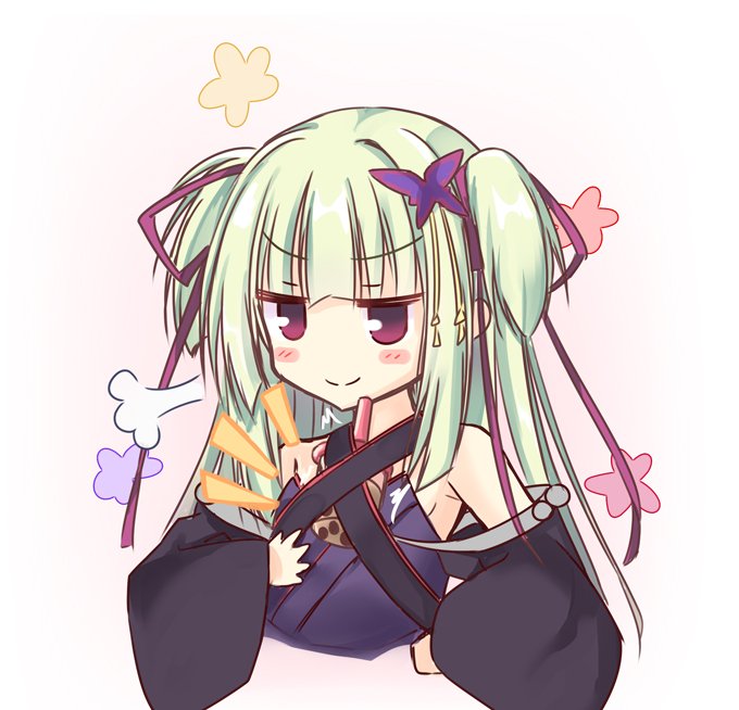 &gt;:) 1girl =3 bare_shoulders black_kimono blunt_bangs blunt_ends blush_stickers bubble_tea bubble_tea_challenge butterfly_hair_ornament closed_mouth commentary commentary_request criss-cross_halter green_hair hair_ornament hair_ribbon halterneck hand_on_own_hip hime_cut igarashi_kenji japanese_clothes jitome kimono long_hair long_sleeves looking_afar murasame_(senren) notice_lines red_eyes red_ribbon ribbon senren_banka sidelocks simple_background smile smug solo straight_hair two_side_up upper_body v-shaped_eyebrows white_background wide_sleeves