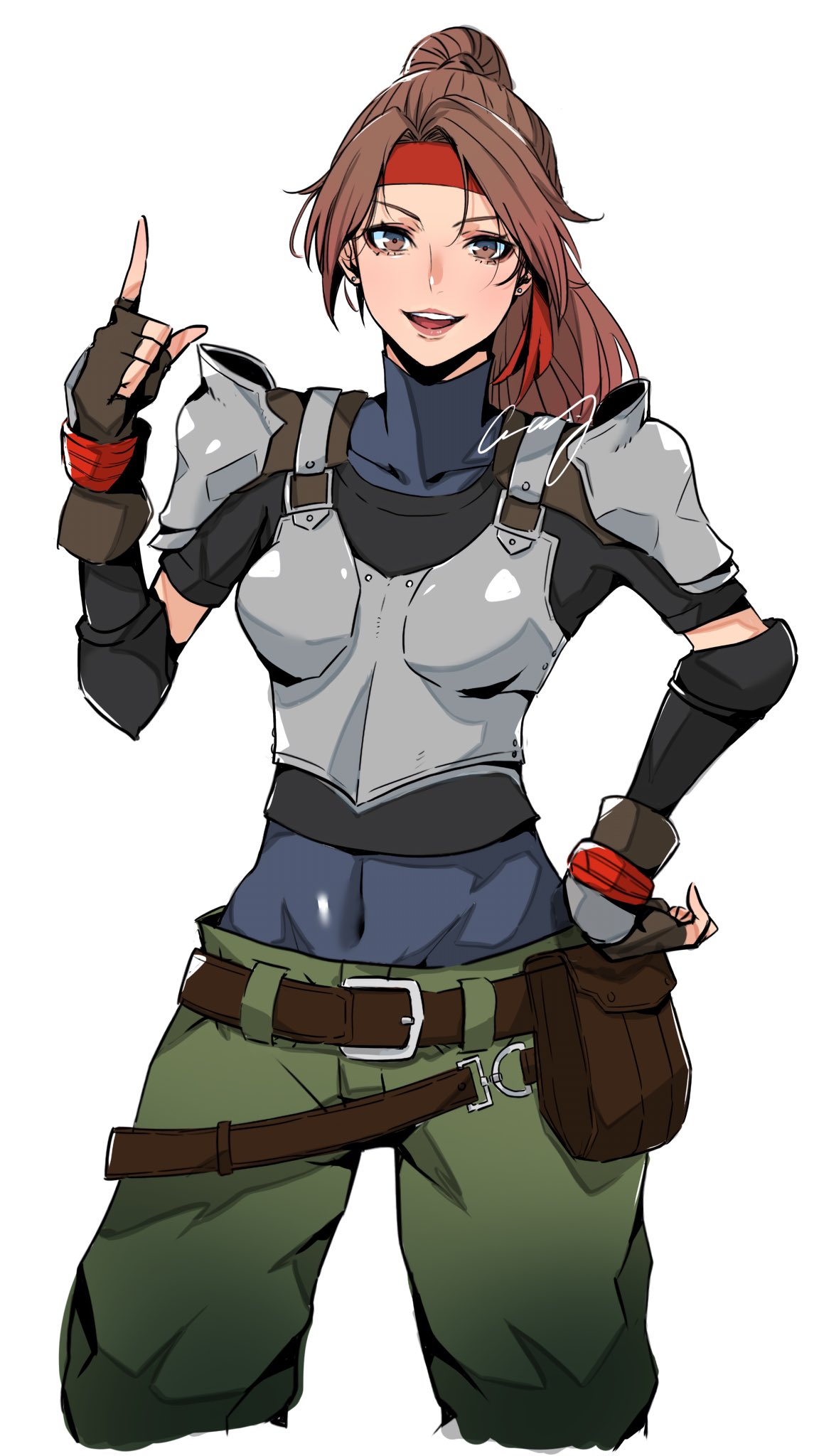 1girl armor bandana belt bodysuit bodysuit_under_clothes boobplate breastplate brown_eyes brown_hair cowboy_shot crazy02oekaki earrings elbow_sleeve final_fantasy final_fantasy_vii final_fantasy_vii_remake fingerless_gloves gloves green_pants hand_on_own_hip headband highres index_finger_raised jessie_rasberry jewelry looking_at_viewer open_mouth pants ponytail pouch red_bandana red_headband shoulder_armor signature solo standing white_background