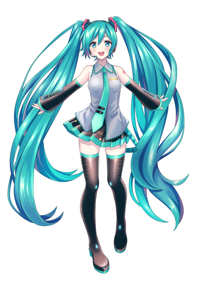 1girl akiyoshi_(tama-pete) aqua_belt aqua_eyes aqua_hair aqua_nails aqua_necktie arms_at_sides bare_shoulders belt black_footwear black_skirt black_sleeves boots breasts collared_shirt contrapposto detached_sleeves dot_nose fingernails full_body grey_shirt hatsune_miku headset light_blush long_hair looking_at_viewer loose_belt medium_breasts necktie number_tattoo open_mouth pleated_skirt shirt shoulder_tattoo simple_background skirt sleeveless sleeveless_shirt smile solo standing tattoo thigh_boots tie_clip twintails very_long_hair vocaloid white_background wide_sleeves zettai_ryouiki