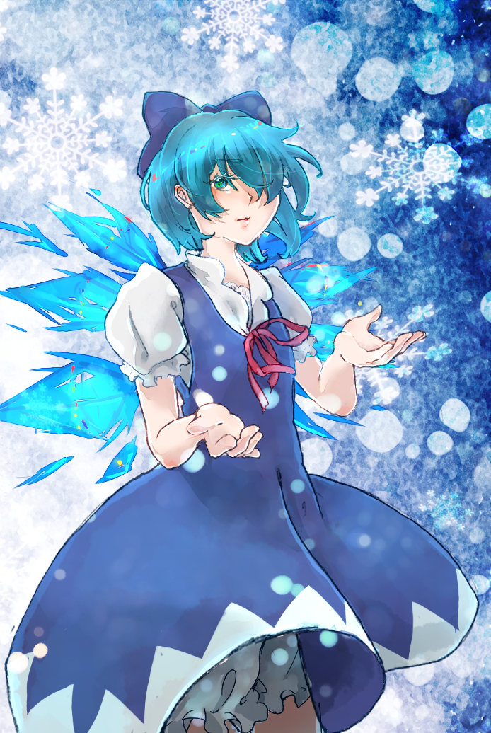 1girl bloomers blue_background blue_bow blue_dress blue_eyes blue_hair blue_theme bow cirno closed_mouth collared_shirt cowboy_shot detached_wings dress hair_over_one_eye ice ice_wings neck_ribbon pinafore_dress popped_collar puffy_short_sleeves puffy_sleeves r18ankou red_ribbon ribbon shirt short_hair short_sleeves sleeveless sleeveless_dress snowing solo touhou underwear white_bloomers white_shirt wings