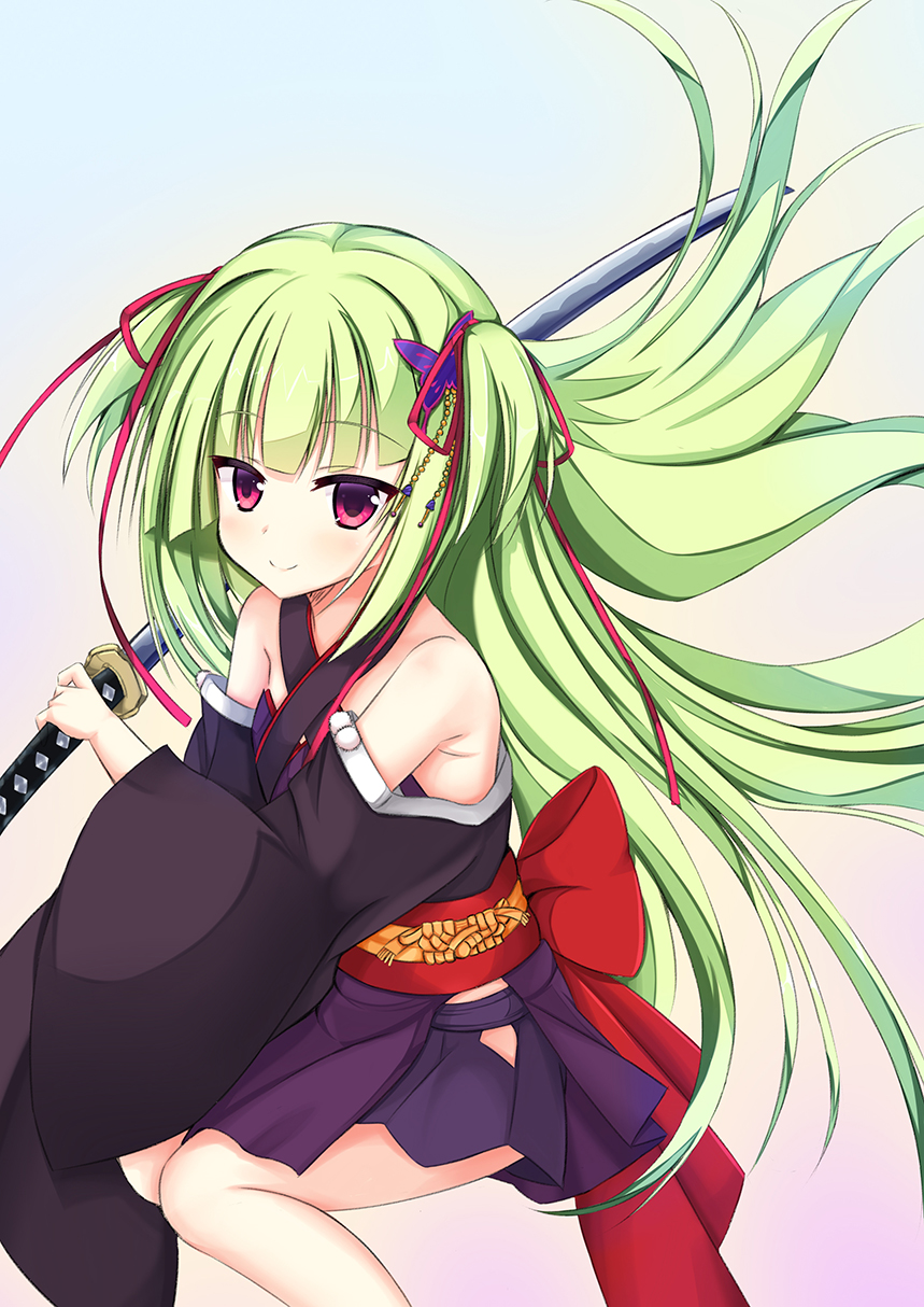 1girl back_bow bare_shoulders black_kimono black_skirt blunt_bangs blush bow butterfly_hair_ornament closed_mouth commentary_request criss-cross_halter floating_hair green_hair hair_ornament hair_ribbon halterneck highres hime_cut holding holding_sword holding_weapon igarashi_kenji japanese_clothes katana kimono long_hair long_sleeves looking_at_viewer miniskirt murasame_(senren) one_side_up pleated_skirt pom_pom_(clothes) red_bow red_eyes red_ribbon ribbon senren_banka sidelocks sitting skirt smile solo straight_hair sword very_long_hair weapon wide_sleeves