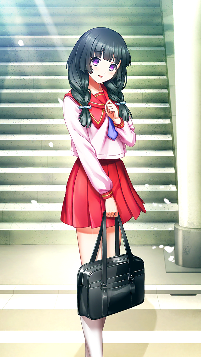 1girl :d bag black_hair blue_neckerchief blunt_bangs blush braid day doukyuusei_another_world game_cg holding holding_bag kakyuusei kamiyama_miko long_hair long_sleeves looking_at_viewer low_twintails miniskirt neckerchief open_mouth outdoors pink_shirt pleated_skirt red_sailor_collar red_skirt sailor_collar sailor_shirt school_uniform serafuku shirt skirt smile solo stairs standing sunlight twin_braids twintails violet_eyes
