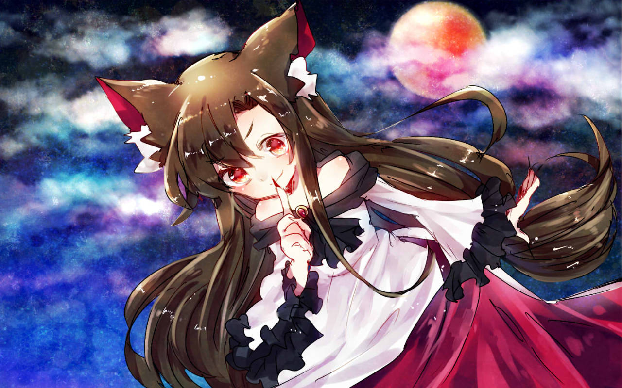 1girl animal_ear_fluff animal_ears ascot asymmetrical_bangs bare_shoulders black_ascot black_scarf brown_hair closed_mouth clouds commentary_request dress finger_to_mouth fingernails frilled_sleeves frills full_moon gem imaizumi_kagerou long_hair long_sleeves moon night night_sky off-shoulder_dress off_shoulder red_dress red_eyes red_gemstone red_moon red_nails scarf sharp_fingernails sky smile suzune_hapinesu touhou two-tone_dress v-shaped_eyebrows white_dress wide_sleeves wolf_ears
