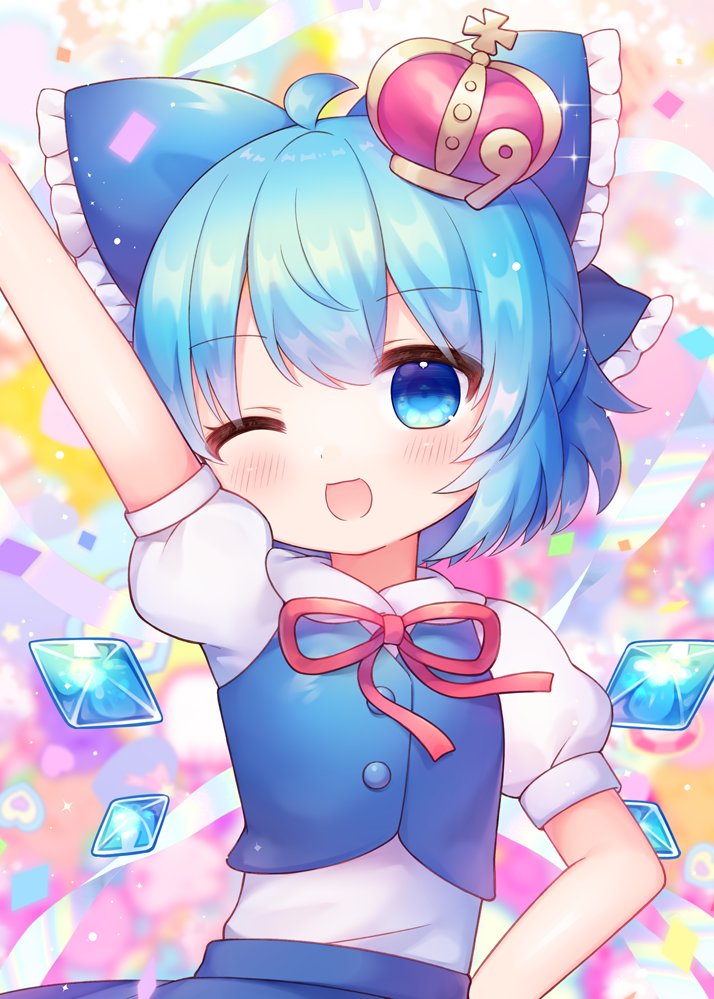 1girl arm_up blue_bow blue_eyes blue_hair blue_skirt blue_vest blush bow cirno cirno_day coa_(chroo_x) crown detached_wings fairy hair_bow ice ice_wings one_eye_closed open_mouth shirt short_hair short_sleeves skirt smile solo touhou vest white_shirt wings