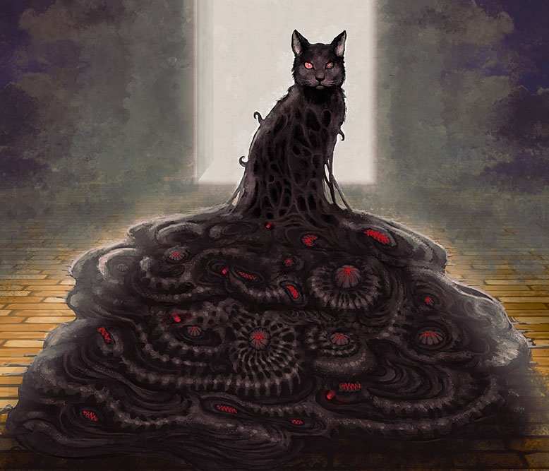 brick_floor cat eldritch_abomination horror_(theme) looking_at_viewer no_humans red_eyes toy(e) yuugai_choujuu