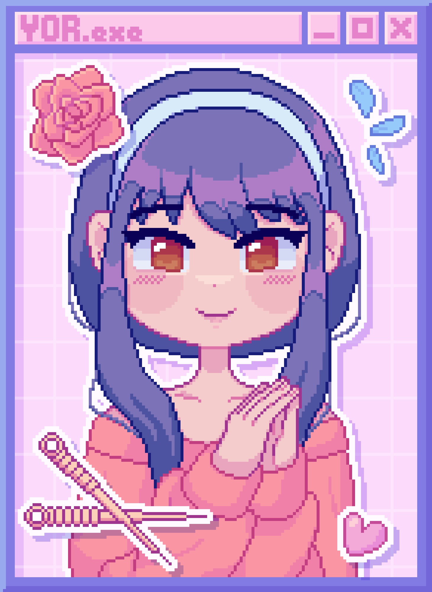 1girl blue_headband blush_stickers brown_eyes flower headband heart highres mugitchi off-shoulder_sweater off_shoulder purple_hair red_flower red_rose red_sweater rose sidelocks smile solo spy_x_family sweater yor_briar