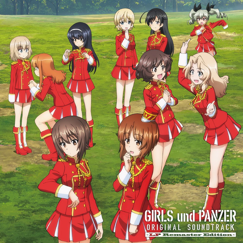 6+girls adjusting_another's_clothes ahoge aiguillette akiyama_yukari album_cover anchovy_(girls_und_panzer) arm_up band_uniform black_eyes black_hair black_ribbon blonde_hair blue_eyes bob_cut braid brown_eyes brown_hair commentary_request copyright_name cover darjeeling_(girls_und_panzer) day drill_hair english_text epaulettes girls_und_panzer grass green_hair hair_intakes hair_ribbon hairband hand_to_own_mouth hat high_collar index_finger_raised interlocked_fingers isuzu_hana jacket katyusha_(girls_und_panzer) kay_(girls_und_panzer) leaning_forward long_hair long_sleeves looking_at_another messy_hair mini_hat miniskirt multiple_girls nishizumi_maho nishizumi_miho official_art open_mouth outdoors own_hands_together pleated_skirt red_headwear red_jacket red_skirt reizei_mako ribbon running shako_cap short_hair siblings sisters skirt smile squatting standing tilted_headwear twin_braids twin_drills twintails white_hairband