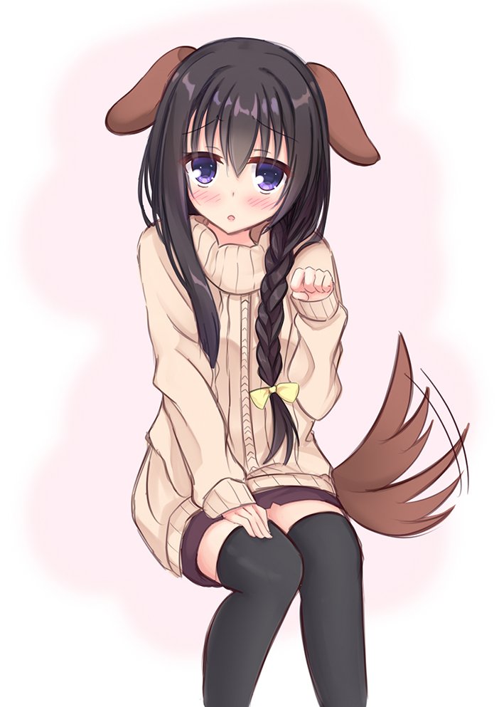 1girl animal_ears black_hair black_thighhighs blush bow braid brown_sweater casual commentary_request dog_ears dog_girl dog_tail eyes_visible_through_hair feet_out_of_frame furrowed_brow hair_between_eyes hair_bow hand_on_own_thigh igarashi_kenji long_hair looking_at_viewer miniskirt motion_lines nijouin_hazuki open_mouth paw_pose pencil_skirt pink_background riddle_joker shy sidelocks simple_background single_braid sitting skirt sleeves_past_wrists solo straight_hair sweater tail tail_wagging thigh-highs violet_eyes yellow_bow zettai_ryouiki