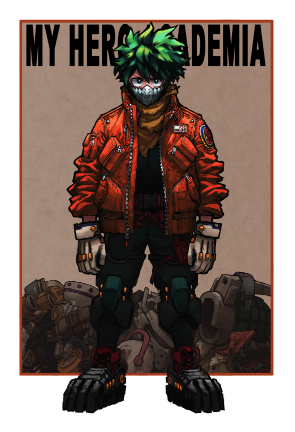 1boy akira arms_at_sides badge baggy_clothes belt belt_removed black_cloak black_outline blue_gloves bodysuit boku_no_hero_academia bright_pupils cape check_clothing cloak copyright_name covered_mouth cross-laced_footwear dirty dirty_clothes full_body fur-trimmed_vest gloves gloves_removed goggles goggles_removed green_eyes green_hair grey_gloves hair_between_eyes headphones headphones_removed headwear_removed helm helmet helmet_removed horikoshi_kouhei jacket layered_clothes long_sleeves looking_at_viewer male_focus mask midoriya_izuku mouth_mask multicolored_hair official_alternate_costume official_art open_clothes open_jacket orange_jacket outline outside_border pile postcard pouch second-party_source short_hair snap-fit_buckle solo spoilers standing straight-on text_background text_focus torn_cape torn_cloak torn_clothes unzipped v-shaped_eyes vest vest_removed white_pupils yellow_cape yellow_vest zipper zipper_pull_tab