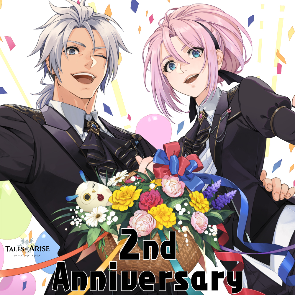 1boy 1girl alphen_(tales) anniversary blue_eyes confetti copyright_name couple dark-skinned_male dark_skin hair_between_eyes hair_bun hand_on_another's_hip happy_anniversary juliet_sleeves long_hair long_sleeves looking_at_viewer official_alternate_costume official_alternate_hair_length official_alternate_hairstyle official_art open_mouth parted_bangs pink_hair ponytail puffy_sleeves shionne_(tales) sidelocks smile spiky_hair streamers tales_of_(series) tales_of_arise very_long_hair white_hair