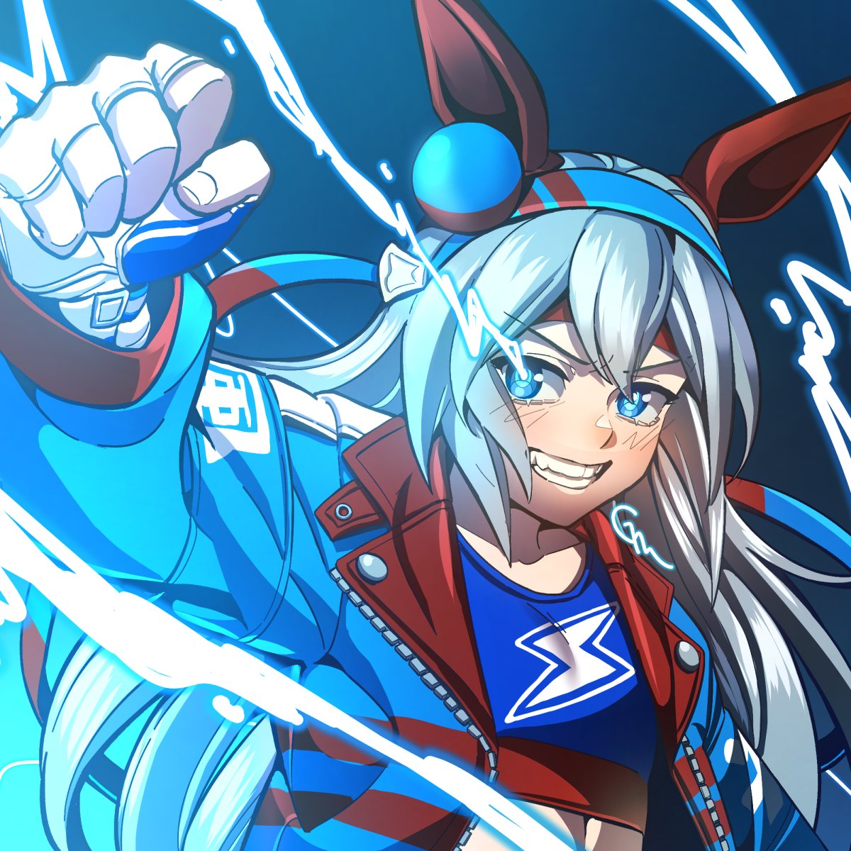 1girl animal_ears blue_eyes blue_jacket blue_shirt blush breasts clenched_hand crop_top electricity eye_trail fingers gaman gloves grey_hair grin hairband headband highres horse_ears jacket light_trail long_hair long_sleeves looking_at_viewer open_clothes open_jacket outstretched_arm shirt signature small_breasts smile solo tamamo_cross_(umamusume) umamusume upper_body v-shaped_eyebrows white_gloves