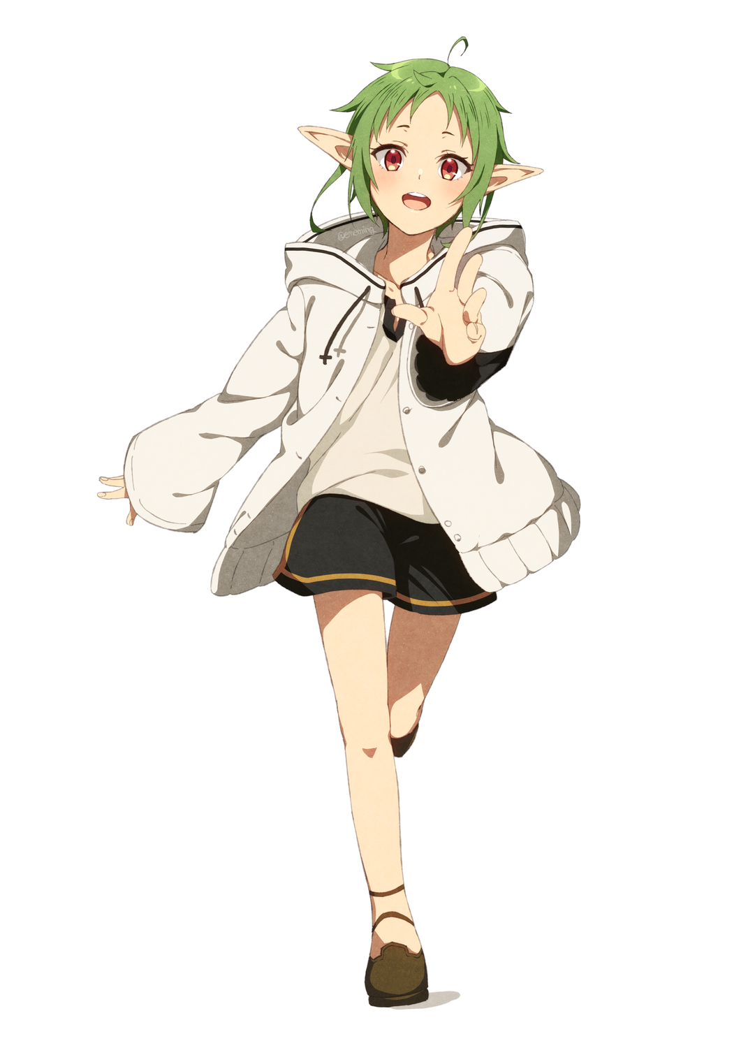 1girl ahoge black_shorts brown_footwear elf full_body green_hair highres hood hooded_jacket jacket looking_at_viewer mushoku_tensei nyanmaru_(ememing) open_mouth outstretched_arm pointy_ears red_eyes running shirt short_hair shorts solo sylphiette_(mushoku_tensei) white_jacket white_shirt