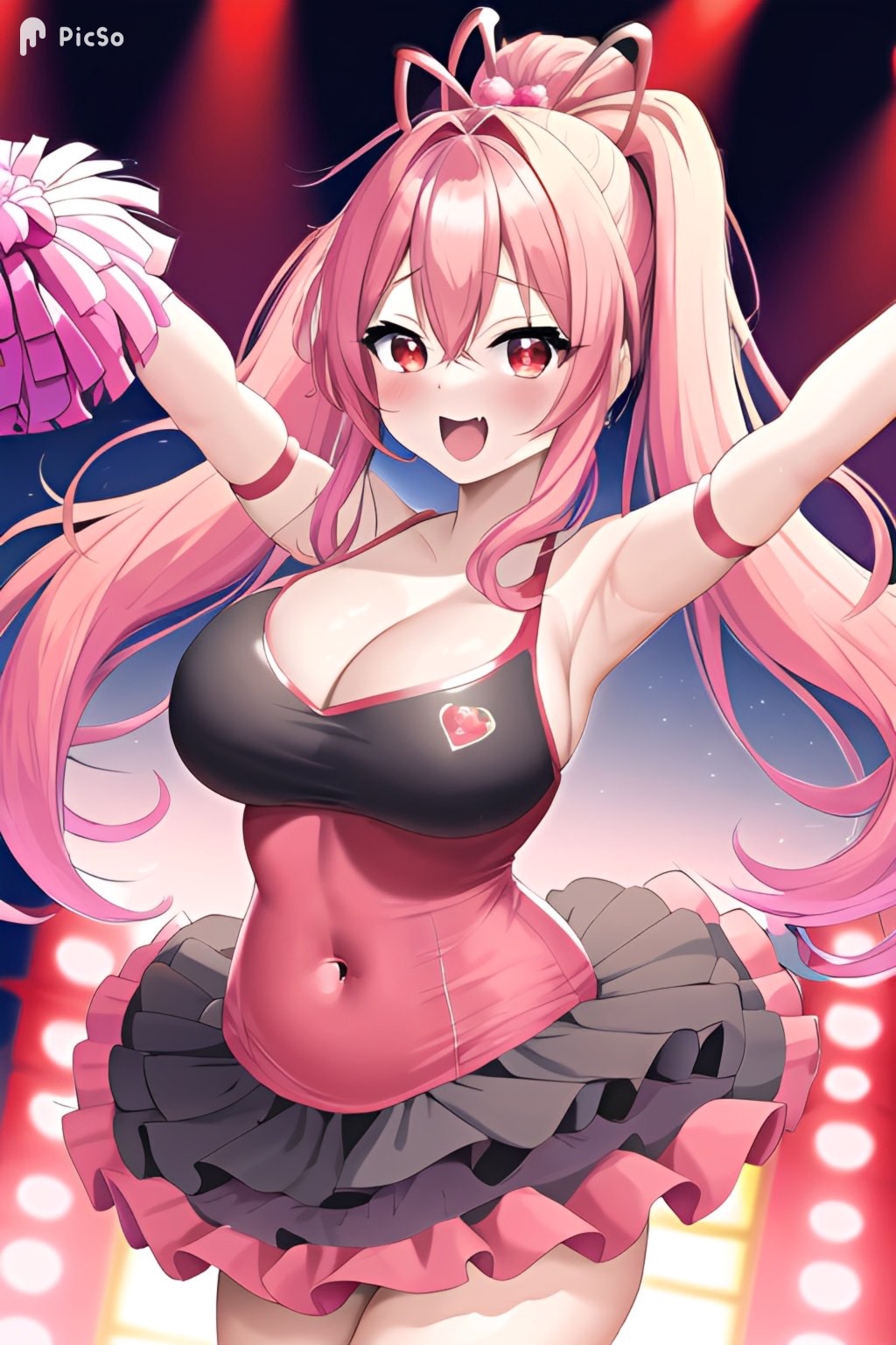 :d ai_generated big_breasts black_shirt cheerleader cute happy haylalovessfw heart medium_breasts my_singing_monsters no_sleeves no_socks open_mouth pigtails pink_hair pink_skirt pomily pompom_(my_singing_monsters) pompoms pose red_eyes solo tagme thick_thighs