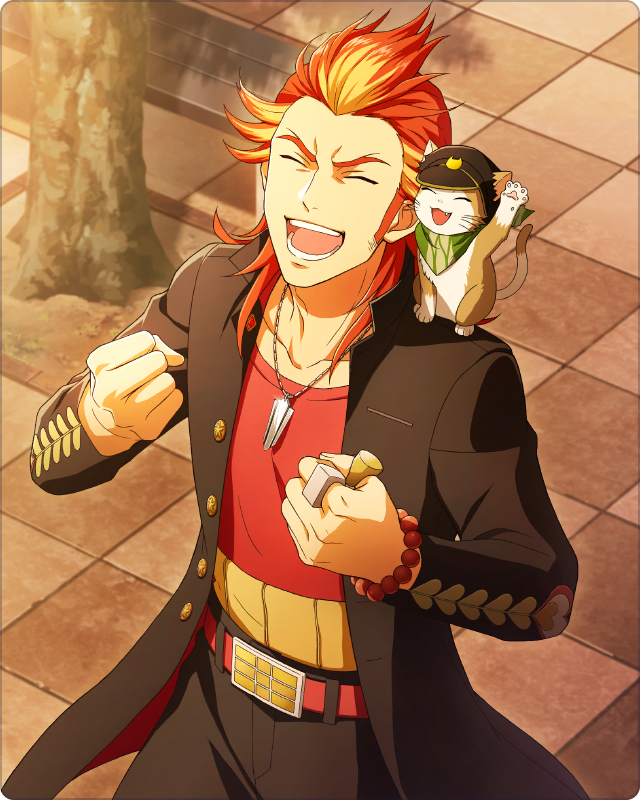 1boy akai_suzaku animal_on_shoulder bead_bracelet beads belt black_jacket bracelet cat cat_on_shoulder clenched_hands closed_eyes idolmaster idolmaster_side-m idolmaster_side-m_growing_stars jacket jewelry long_sleeves male_focus multicolored_hair nyako_(idolmaster) official_art open_clothes open_jacket open_mouth orange_hair red_shirt redhead shirt smile streaked_hair