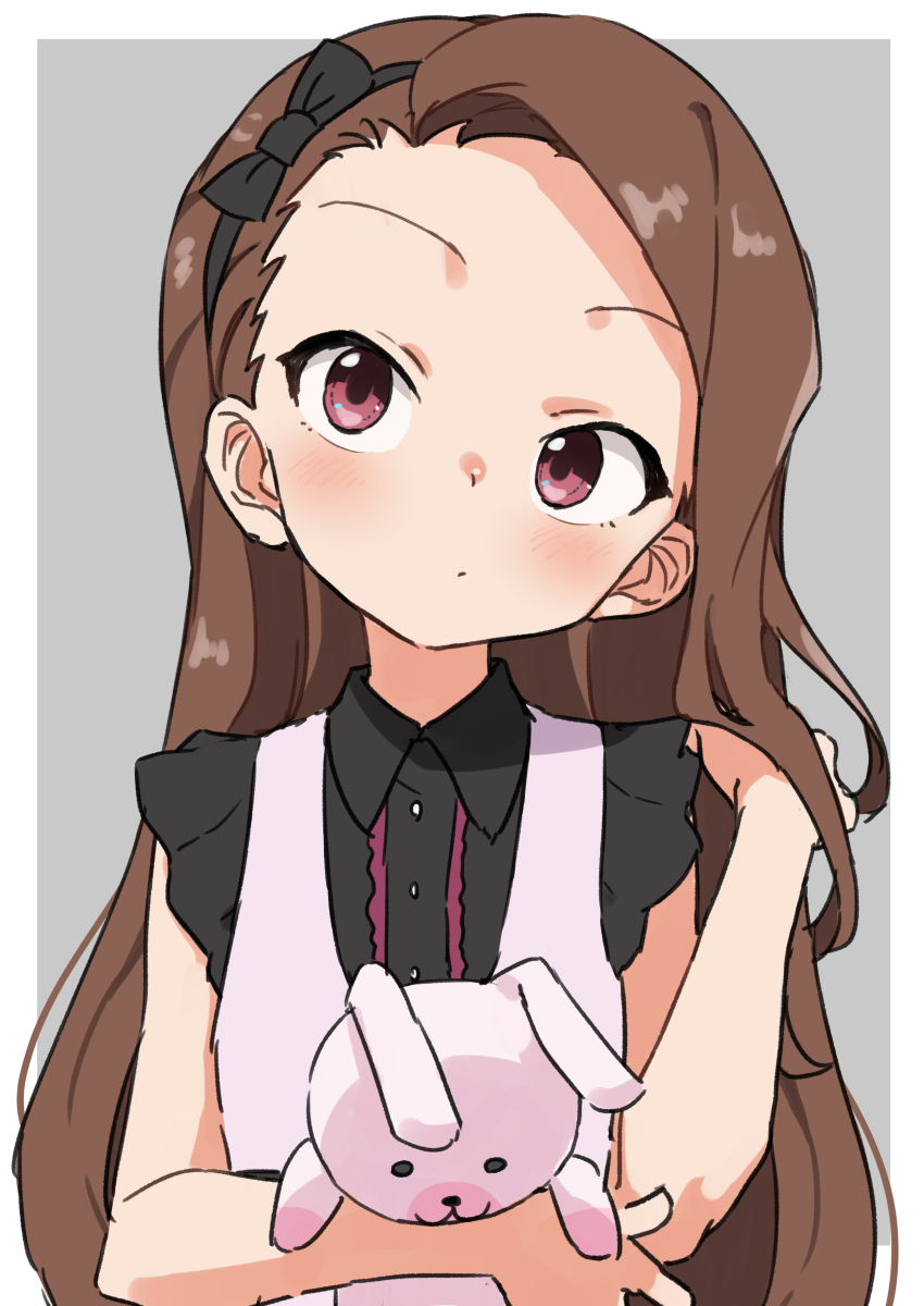 1girl bare_shoulders black_bow black_hairband blush border bow breasts brown_eyes brown_hair closed_mouth dot_nose gazacy_(dai) grey_background hairband hand_in_own_hair hand_up highres holding holding_stuffed_toy idolmaster idolmaster_(classic) idolmaster_million_live! idolmaster_million_live!_theater_days long_hair looking_at_another minase_iori outside_border simple_background small_breasts solo stuffed_animal stuffed_rabbit stuffed_toy two-tone_dress upper_body usa-chan_(idolmaster) white_border