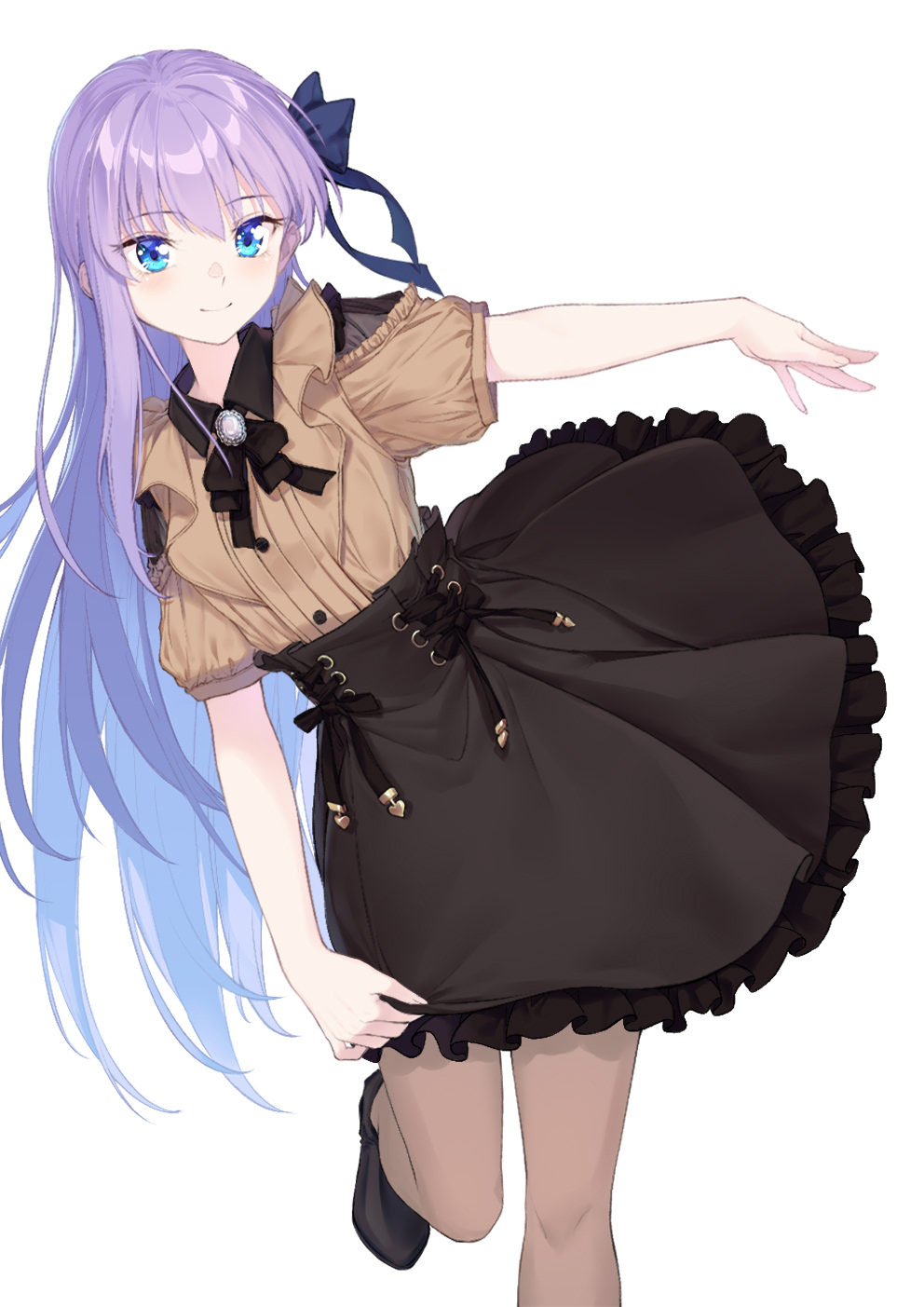 1girl black_skirt blue_eyes blue_ribbon blush breasts brooch brown_pantyhose brown_shirt closed_mouth coffeekite collared_shirt contemporary fate/extra fate/extra_ccc fate/grand_order fate_(series) hair_ribbon high-waist_skirt highres jewelry long_hair looking_at_viewer meltryllis_(fate) pantyhose purple_hair ribbon shirt short_sleeves skirt small_breasts smile solo very_long_hair