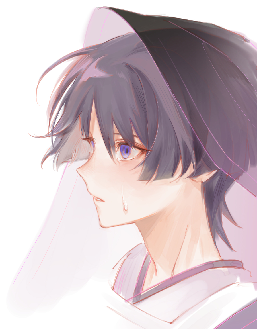 1boy black_hair black_veil cropped_shoulders crying crying_with_eyes_open from_side genshin_impact hair_between_eyes japanese_clothes male_focus parted_lips purple_veil scaramouche_(genshin_impact) scaramouche_(kabukimono)_(genshin_impact) simple_background solo tears upper_body veil violet_eyes white_background whitecookie1001