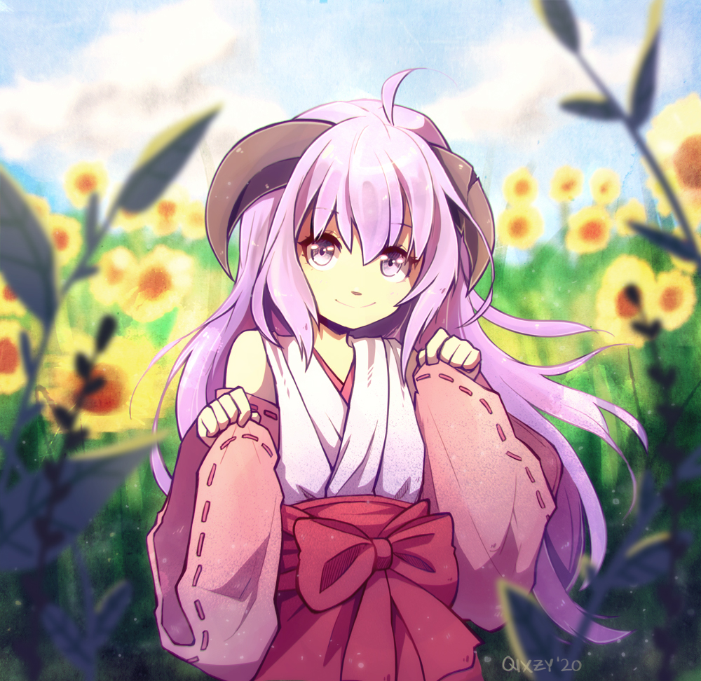 1girl ahoge brown_horns closed_mouth clouds commentary curled_horns detached_sleeves english_commentary field flower flower_field hakama hakama_skirt hands_up hanyuu higurashi_no_naku_koro_ni holding holding_clothes horns japanese_clothes long_hair looking_at_viewer miko outdoors purple_hair qixzy red_hakama sidelocks signature skirt sky smile solo sunflower sunflower_field upper_body violet_eyes wide_sleeves