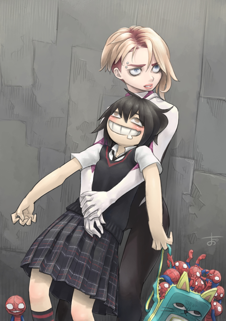 2girls 6+boys against_wall asymmetrical_hair backpack backpack_removed bag bags_under_eyes behind_another black_hair black_necktie black_skirt black_socks black_sweater_vest blonde_hair blush bodysuit brown_eyes chibi chiyo_maru clone commentary_request drooling eyebrow_piercing feet_out_of_frame green_eyes grin holding holding_bag kneehighs leaning_back leaning_on_person looking_up marvel mouth_drool multiple_boys multiple_girls necktie own_hands_together parted_lips peni_parker piercing plaid plaid_skirt pleated_skirt roots_(hair) sanpaku shirt short_hair short_sleeves sidecut signature skirt smile socks spider-gwen spider-man spider-man:_into_the_spider-verse spider-man_(series) spider-verse standing superhero sweater_vest undercut white_bodysuit white_shirt