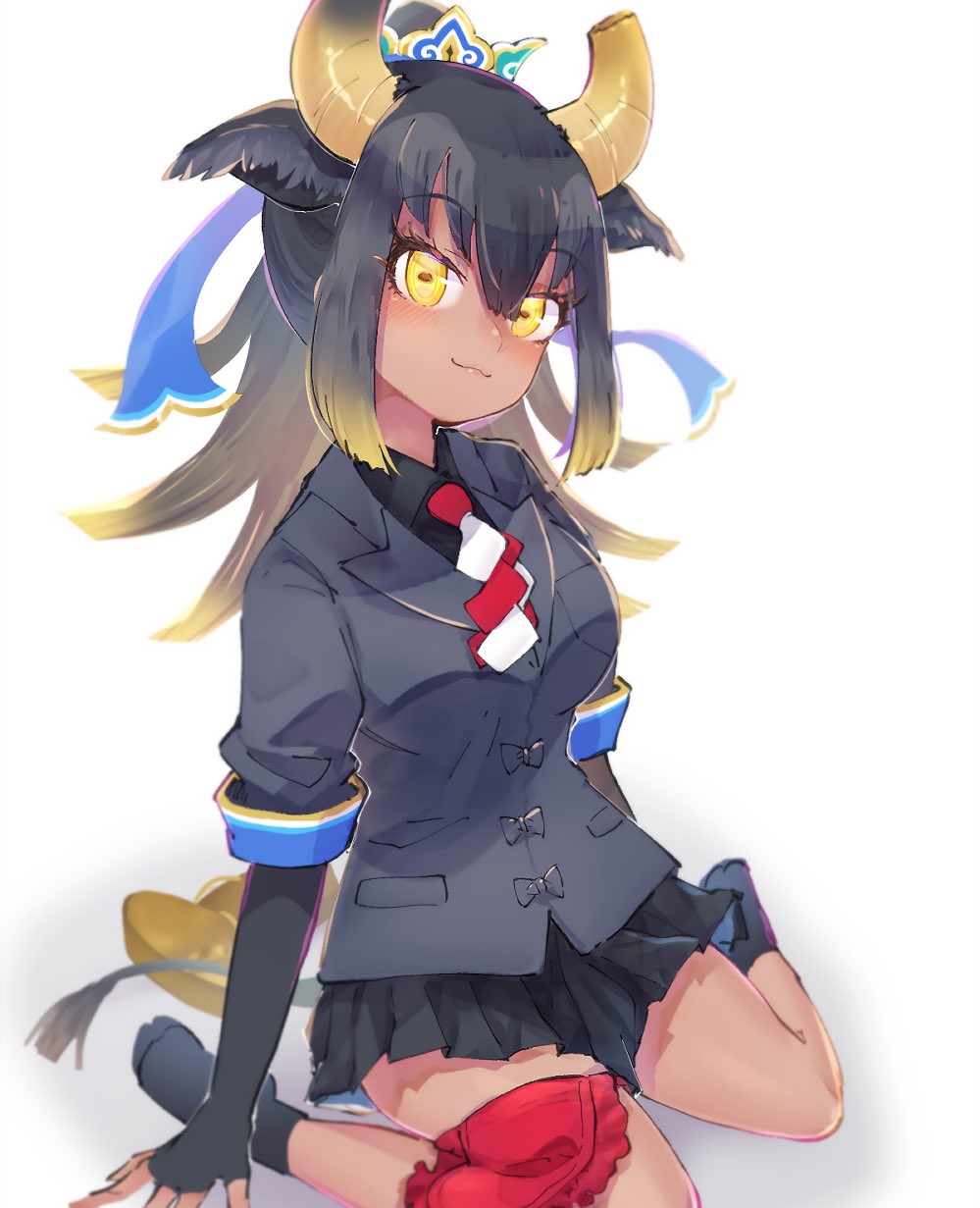 1girl :3 animal_ears arms_at_sides black_gloves black_hair black_shirt black_skirt blonde_hair broken_horn closed_mouth collared_shirt dark-skinned_female dark_skin double-parted_bangs elbow_gloves extra_ears eyelashes fanged_bangs fingerless_gloves gloves goshingyu-sama_(kemono_friends) grey_hair grey_horns grey_jacket hair_between_eyes hand_rest highres horizontal_pupils horns jacket kemono_friends kemono_friends_3 light_blush long_hair looking_at_viewer miniskirt multicolored_hair multicolored_horns multicolored_necktie necktie ox_ears ox_girl ox_horns shirt short_sleeves sitting skirt smile socks solo spread_fingers tail tatsuno_newo two-tone_necktie wariza wing_collar yellow_eyes yellow_horns